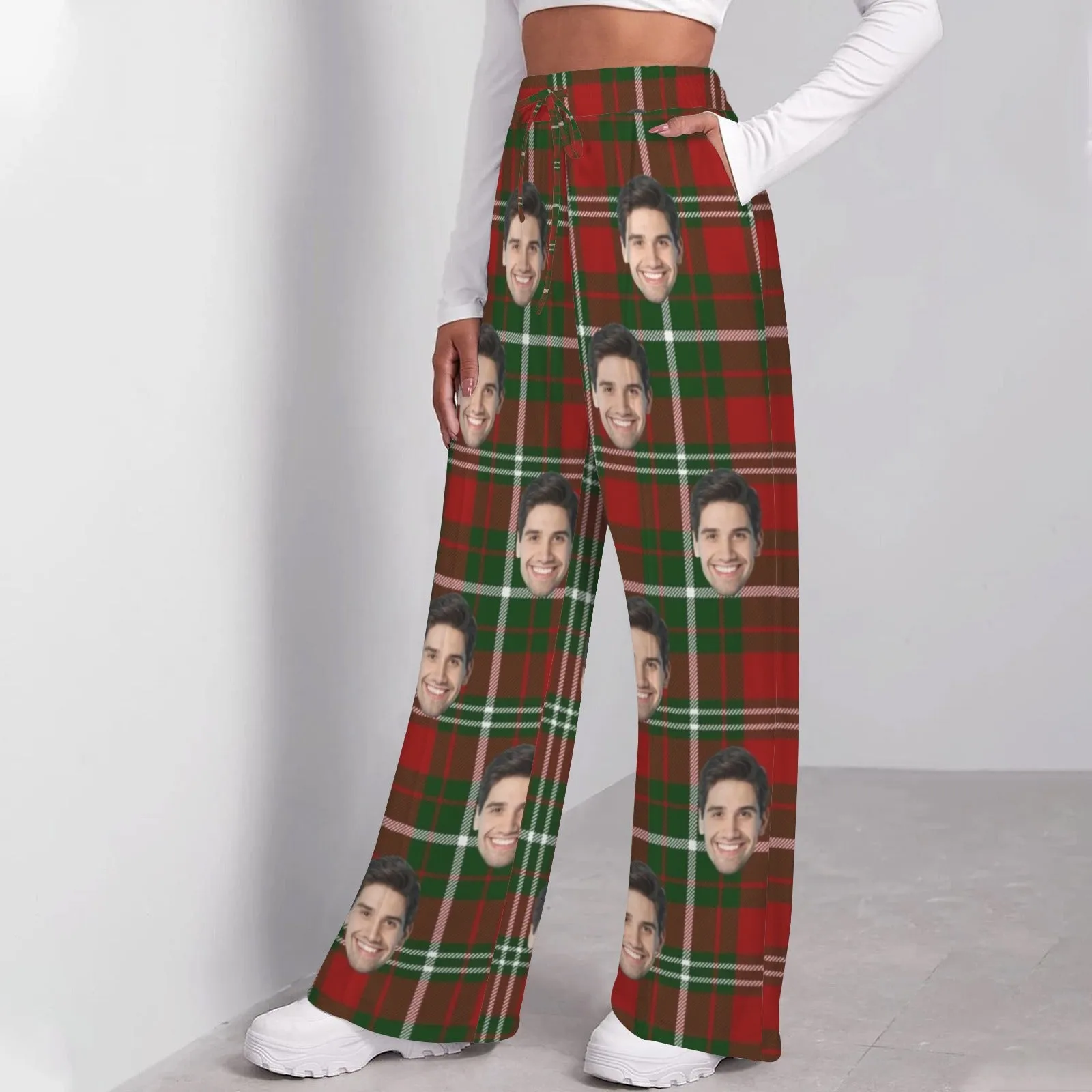 Custom Face Grid Pattern Women's Drawstring Wide Leg Sweatpants