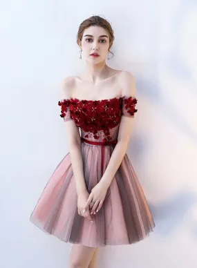 Cute Tulle Lace Short Prom Dress, A-Line Off the Shoulder Party Dress