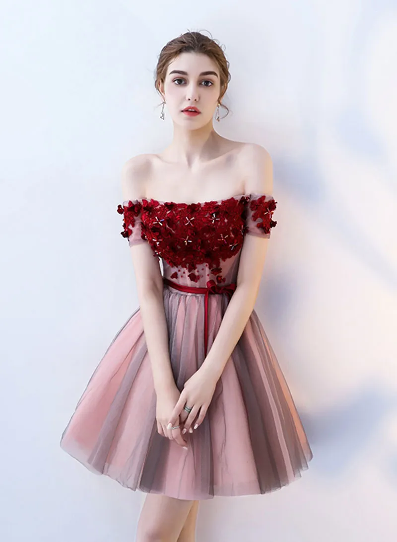 Cute Tulle Lace Short Prom Dress, A-Line Off the Shoulder Party Dress