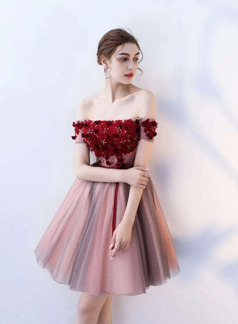 Cute Tulle Lace Short Prom Dress, A-Line Off the Shoulder Party Dress