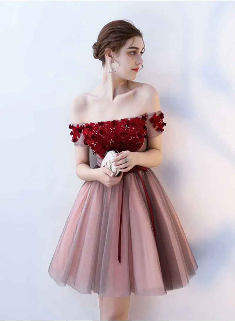 Cute Tulle Lace Short Prom Dress, A-Line Off the Shoulder Party Dress