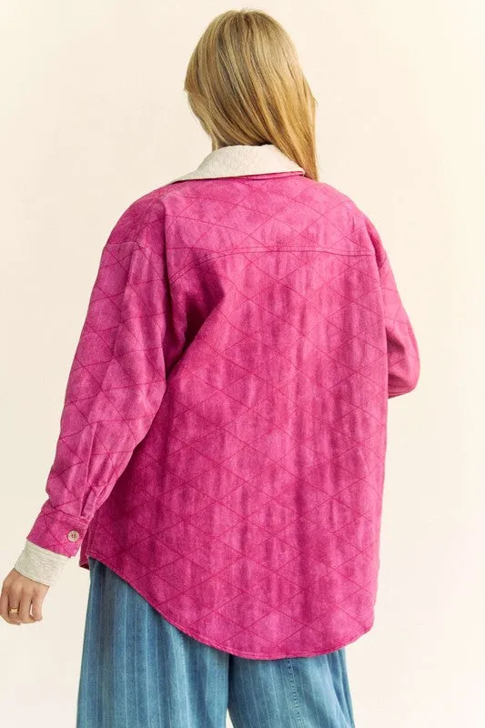 Davi & Dani Denim Shacket Diamond Quilt Stitching High Low Oversized Jean Shirt Jacket