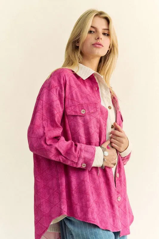 Davi & Dani Denim Shacket Diamond Quilt Stitching High Low Oversized Jean Shirt Jacket