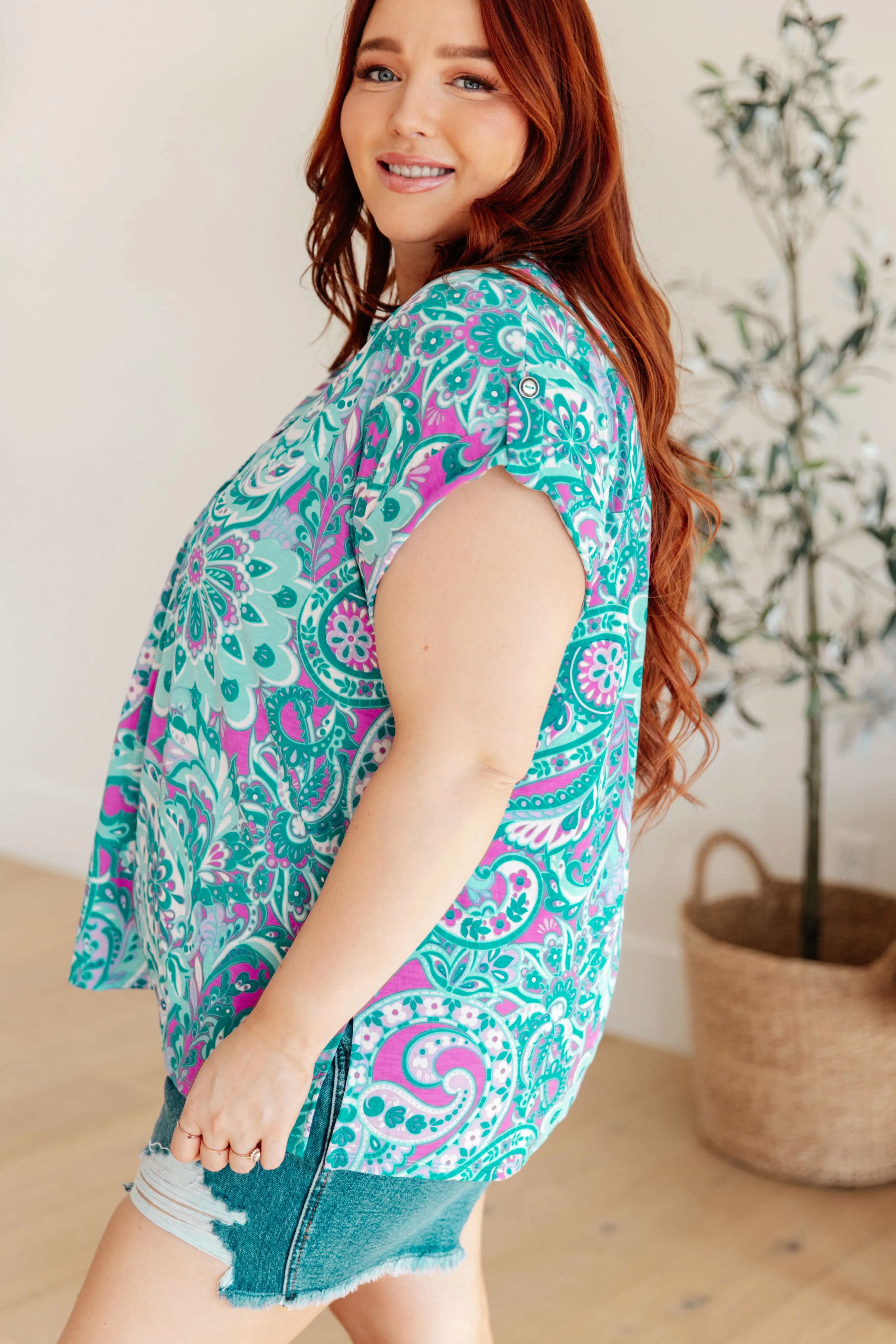 DEAR SCARLETT- Lizzy Cap Sleeve Top in Magenta and Teal Paisley