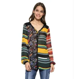 Desigual Colourful Striped Floral Sheer Long Sleeve Top