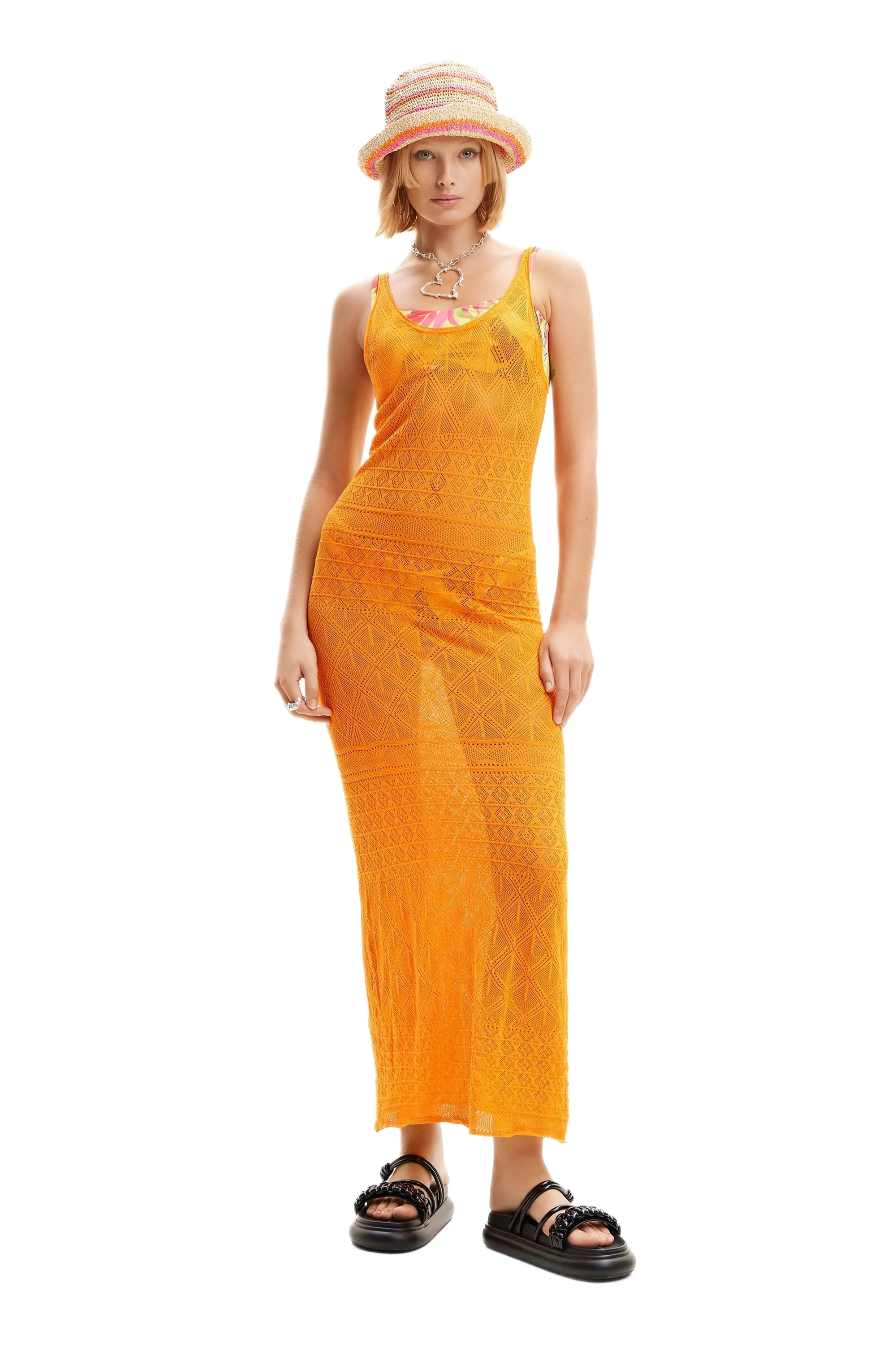 Desigual Kenia Beach Crochet Lace Midi Strappy Dress 24SWMF02