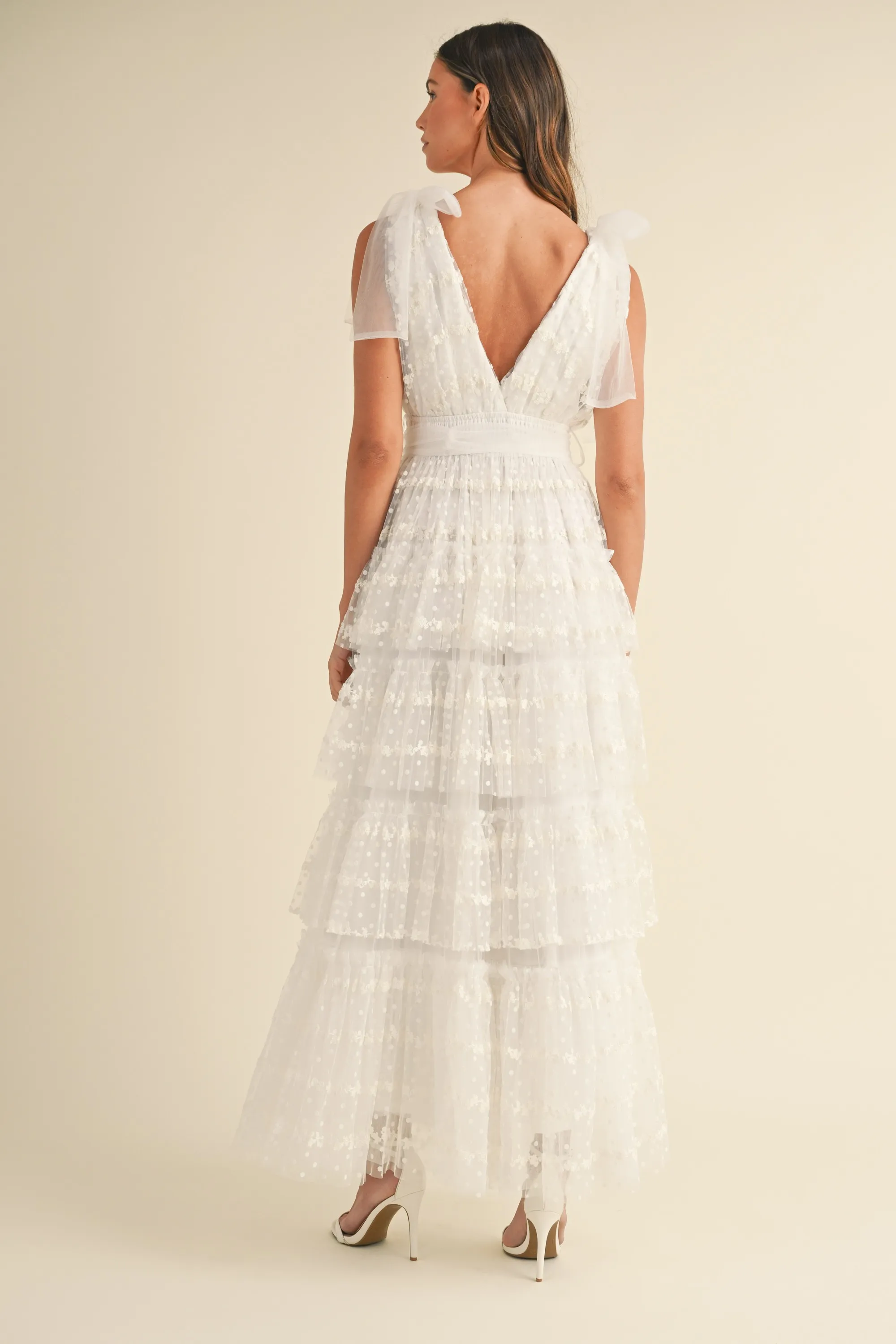 Dot Lace Mesh Tiered Ruffel Maxi Dress