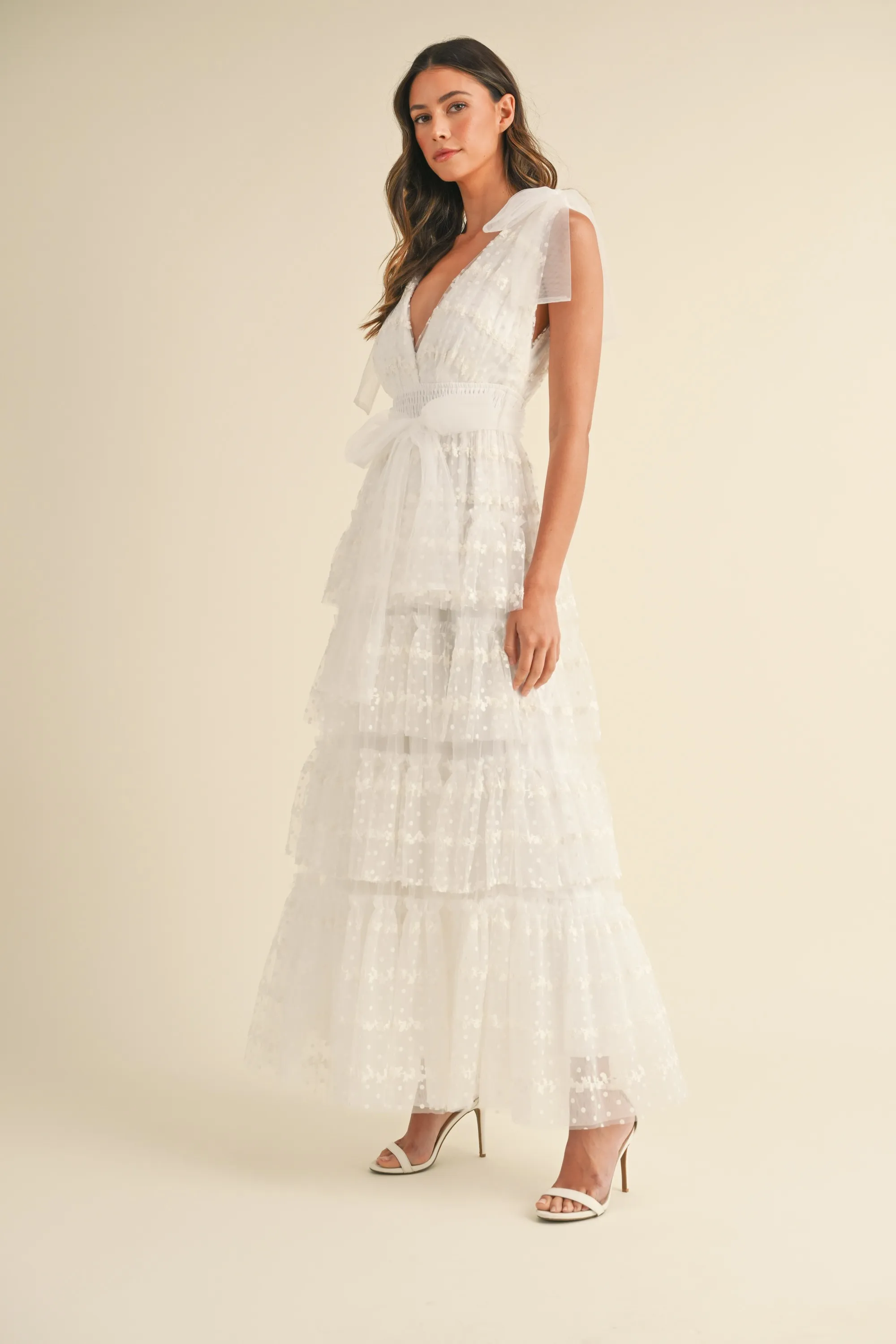 Dot Lace Mesh Tiered Ruffel Maxi Dress