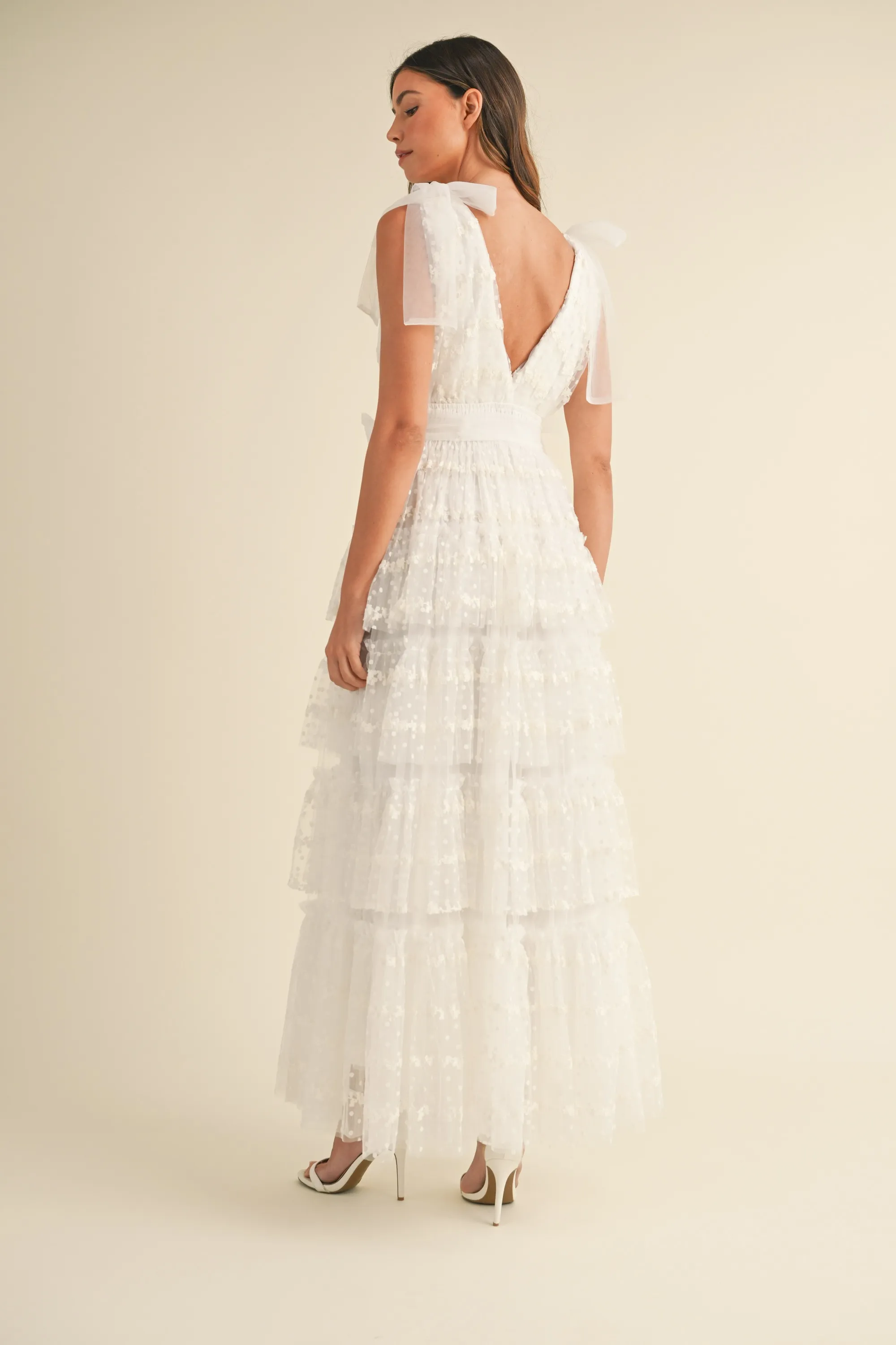 Dot Lace Mesh Tiered Ruffel Maxi Dress