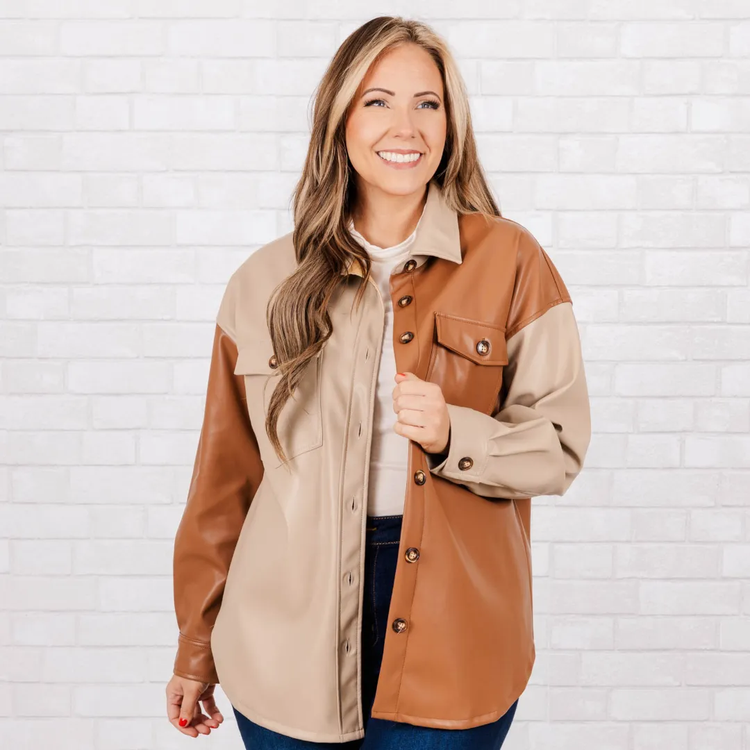 Entertain Me Leather Shacket, Brown