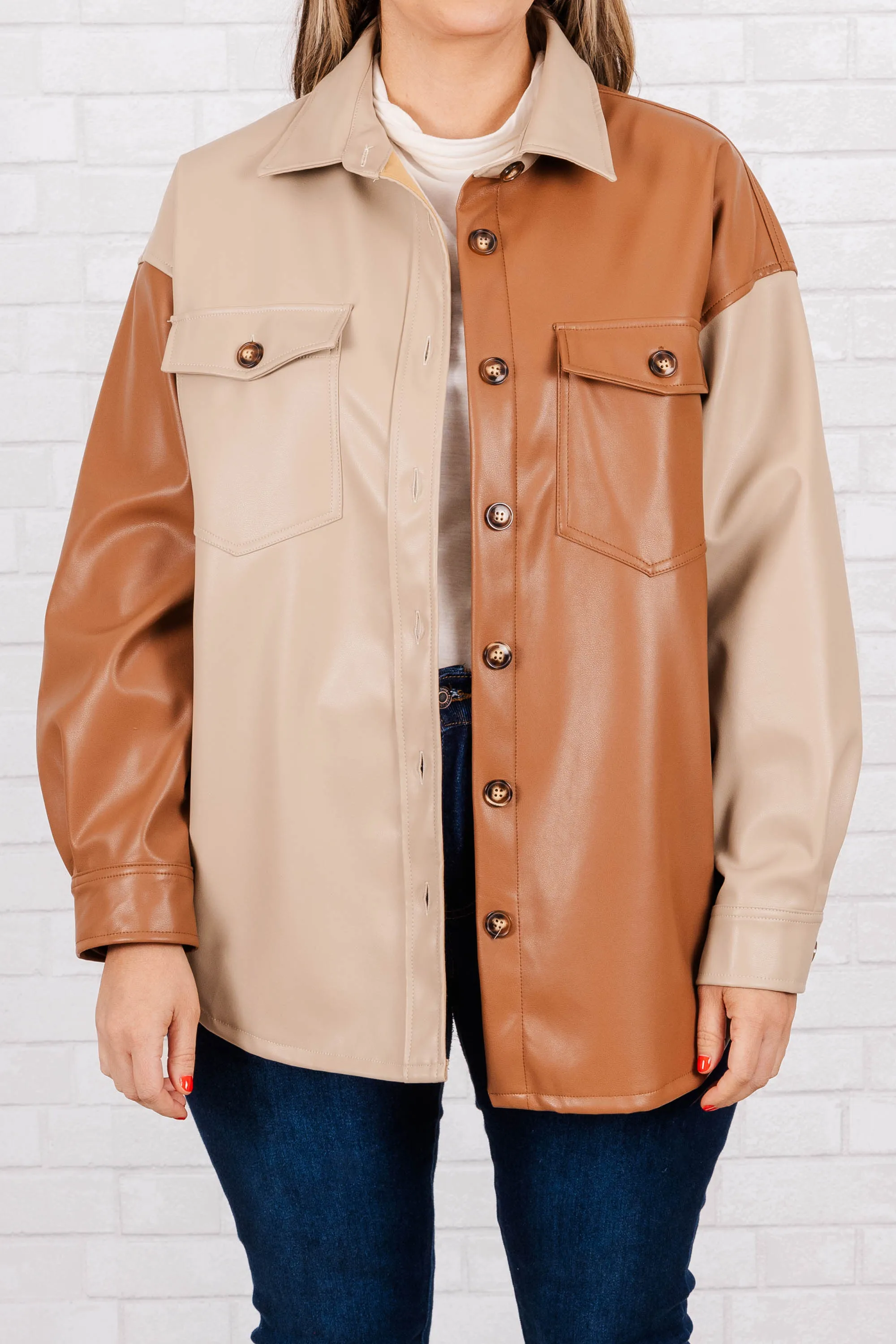 Entertain Me Leather Shacket, Brown