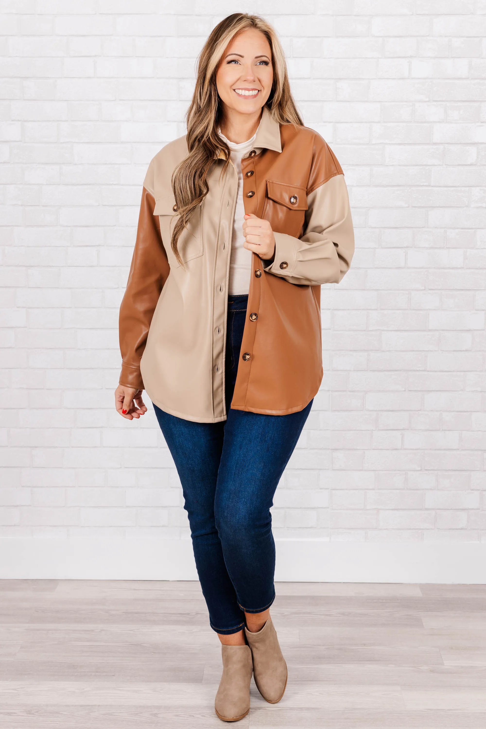 Entertain Me Leather Shacket, Brown