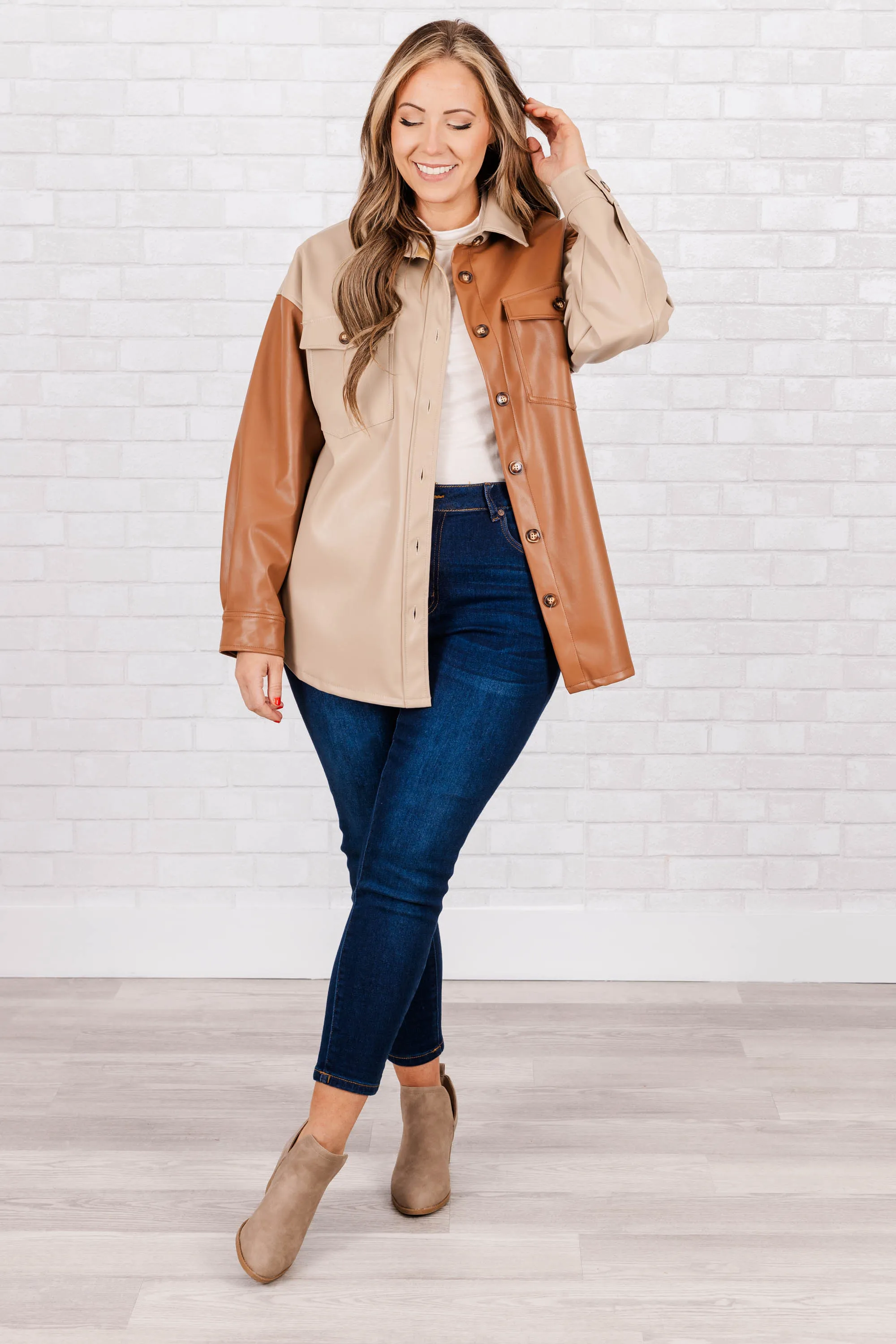 Entertain Me Leather Shacket, Brown