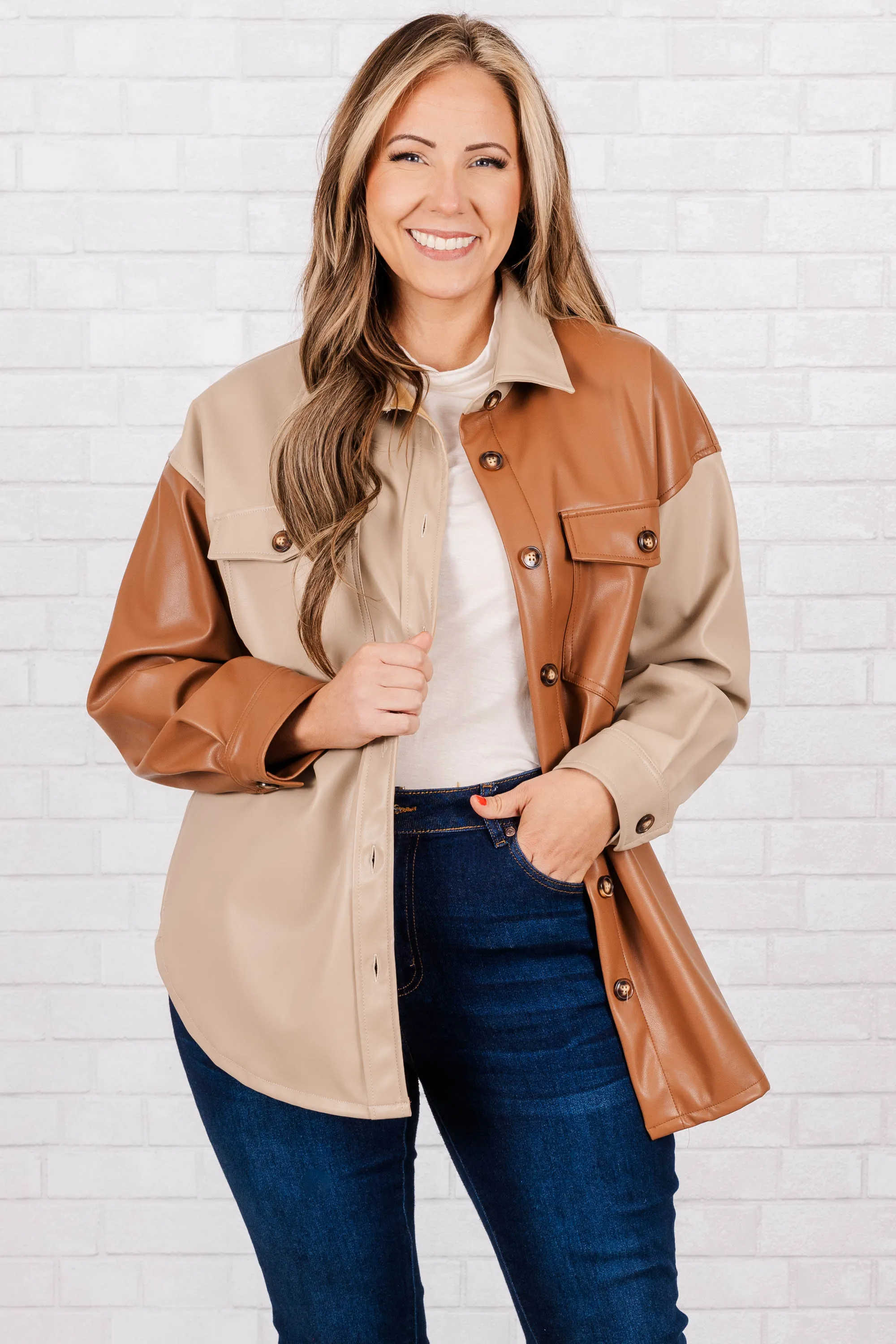 Entertain Me Leather Shacket, Brown