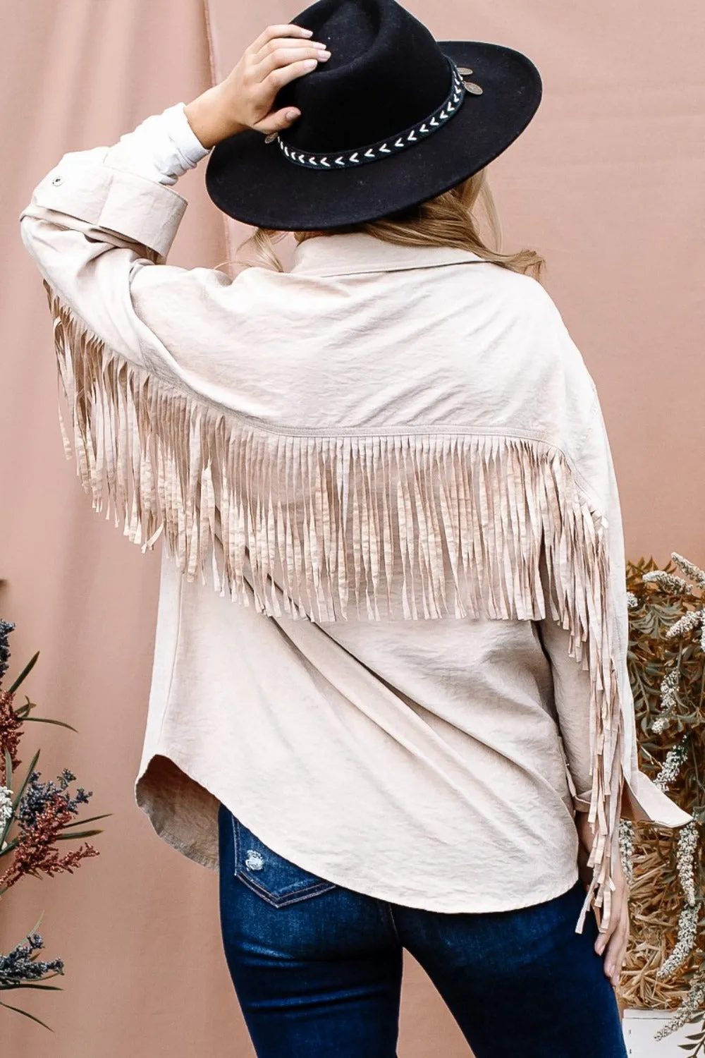 Explore More Collection - And The Why Full Size Fringe Back Detailed Button Down Shacket