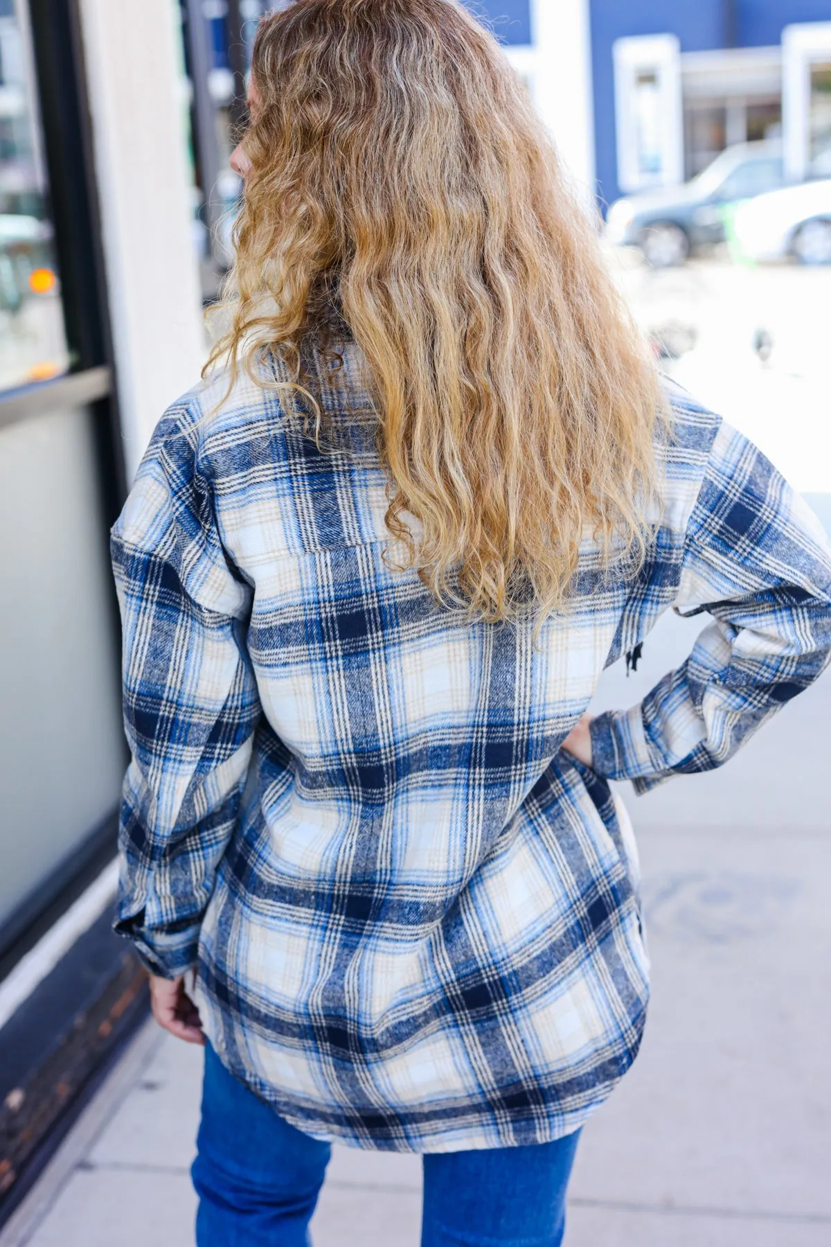 Explore More Collection - Boldly You Navy Plaid Fringe Button Down Shacket