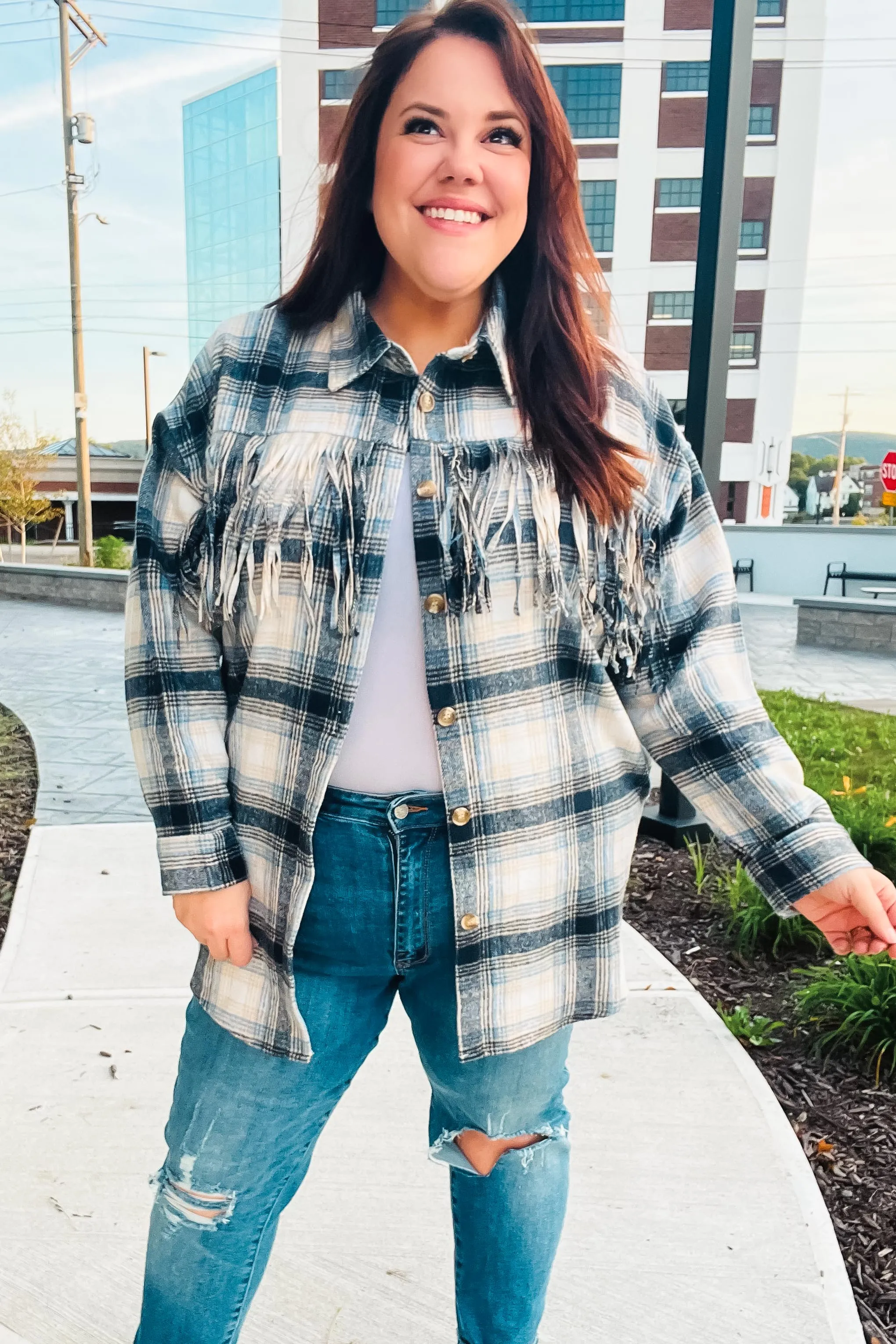 Explore More Collection - Boldly You Navy Plaid Fringe Button Down Shacket