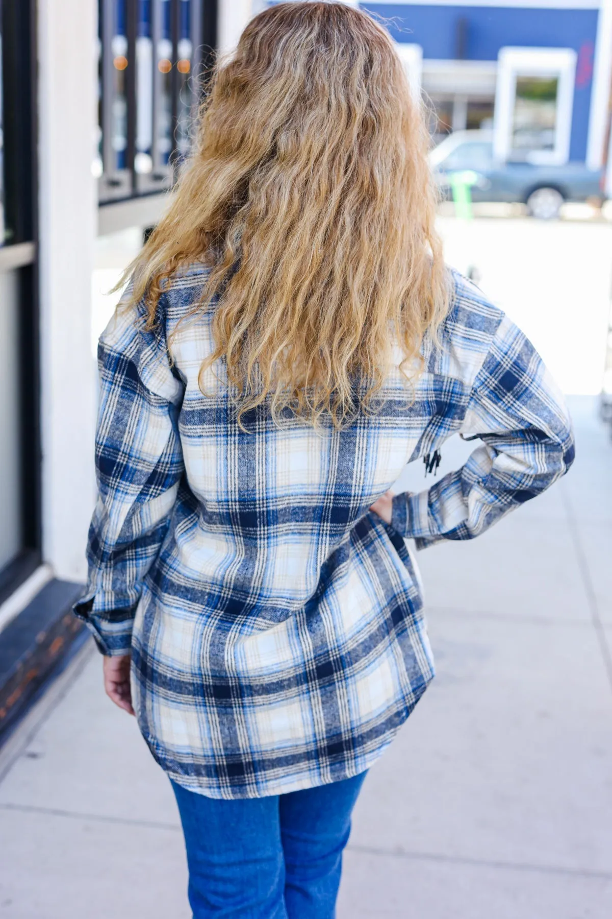Explore More Collection - Boldly You Navy Plaid Fringe Button Down Shacket