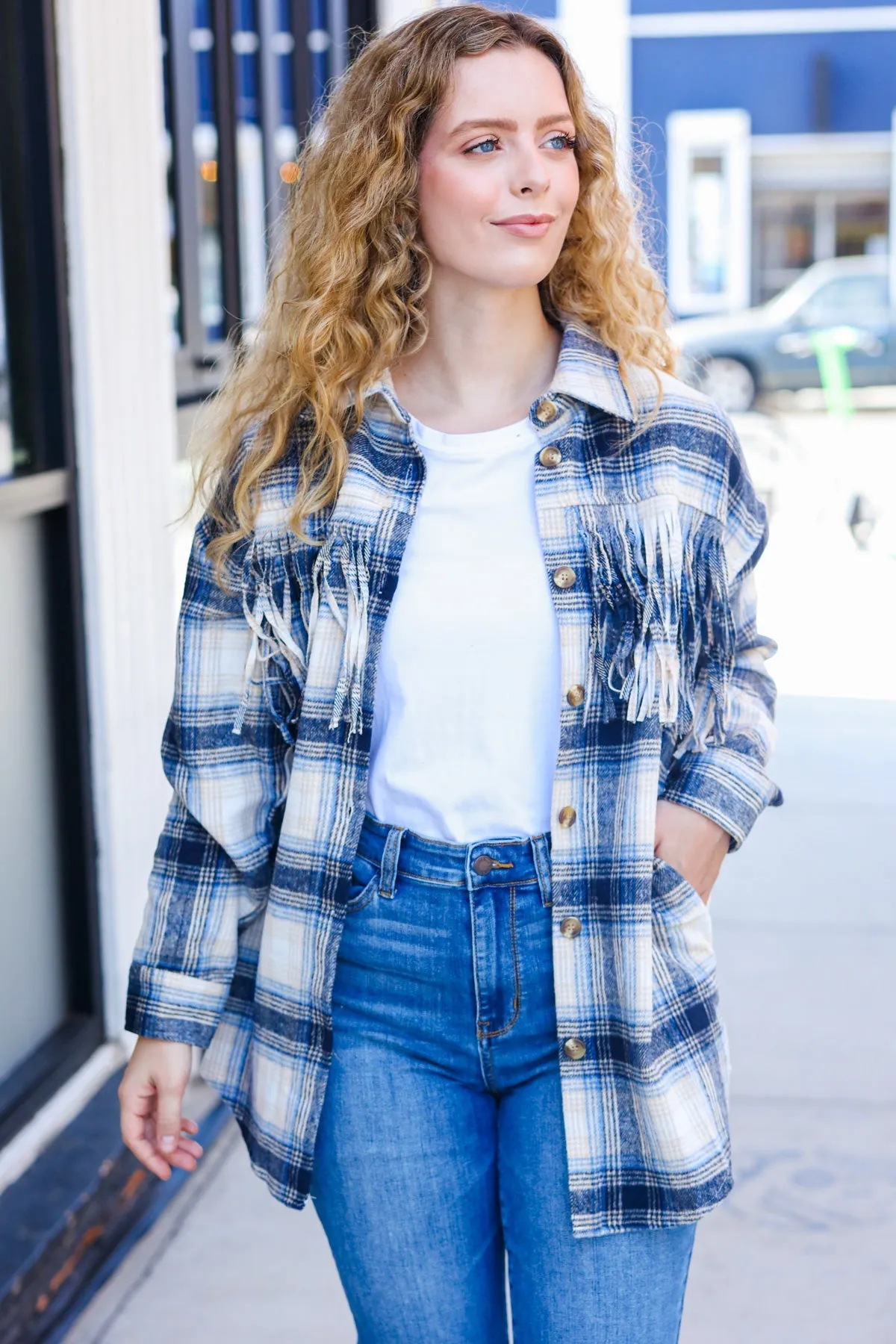Explore More Collection - Boldly You Navy Plaid Fringe Button Down Shacket