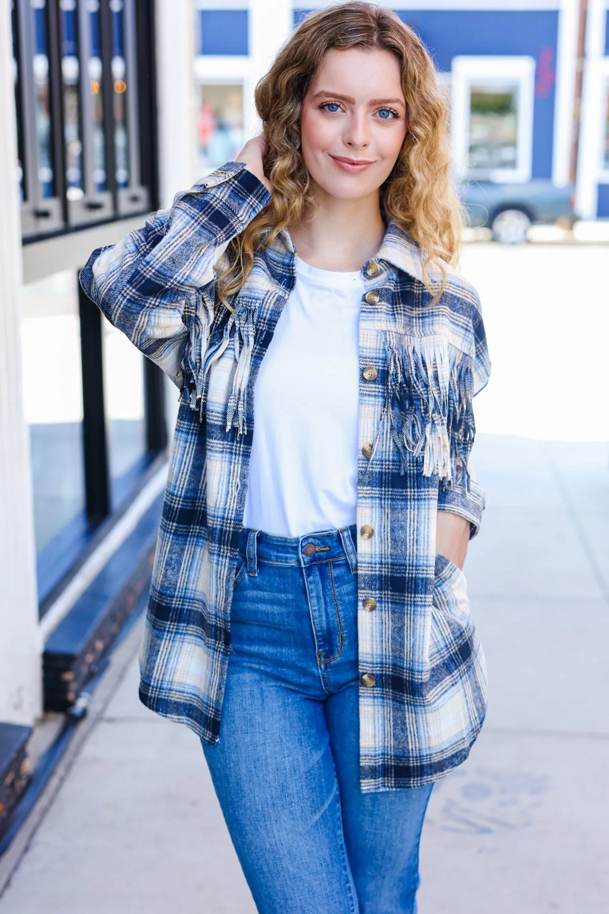 Explore More Collection - Boldly You Navy Plaid Fringe Button Down Shacket