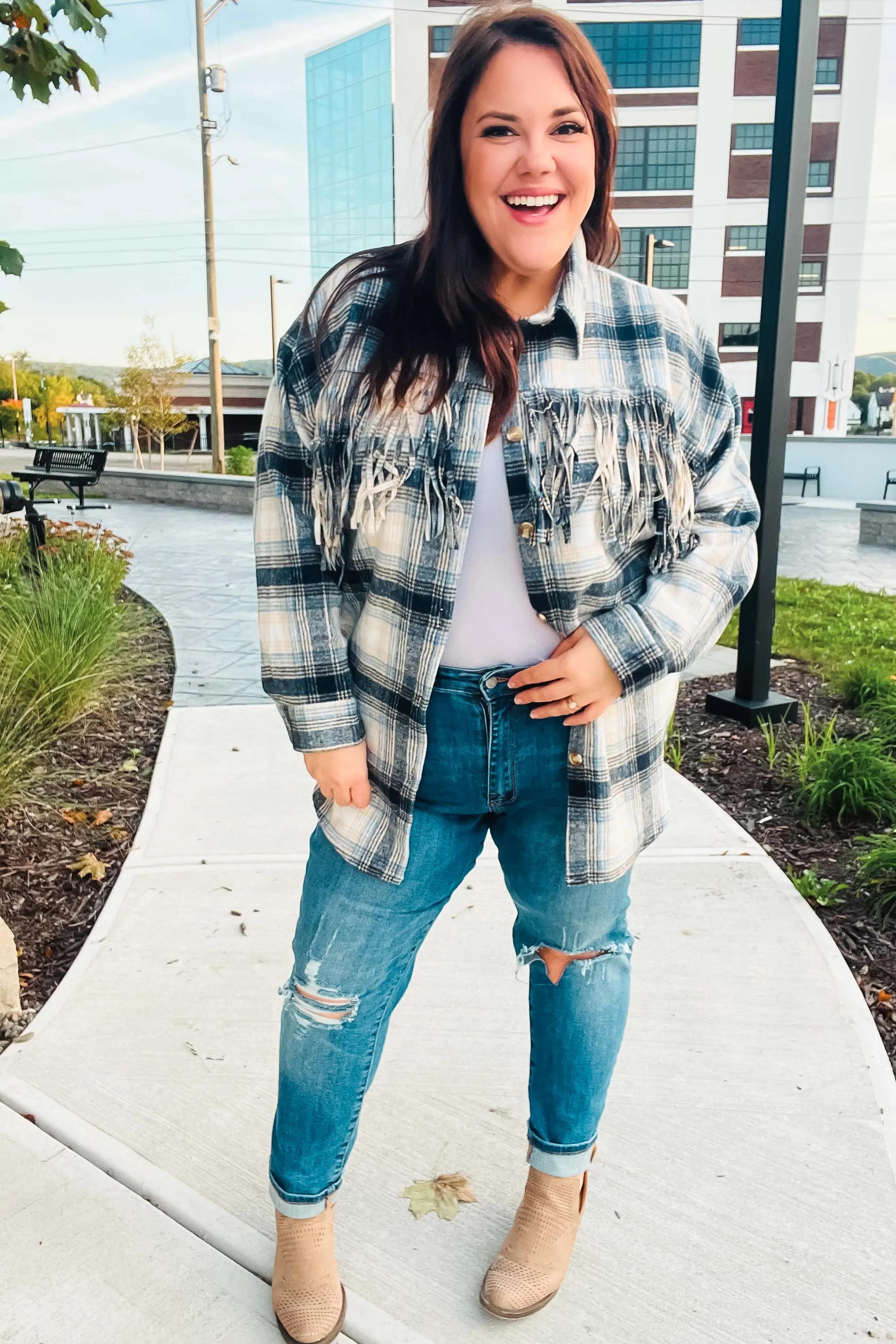 Explore More Collection - Boldly You Navy Plaid Fringe Button Down Shacket