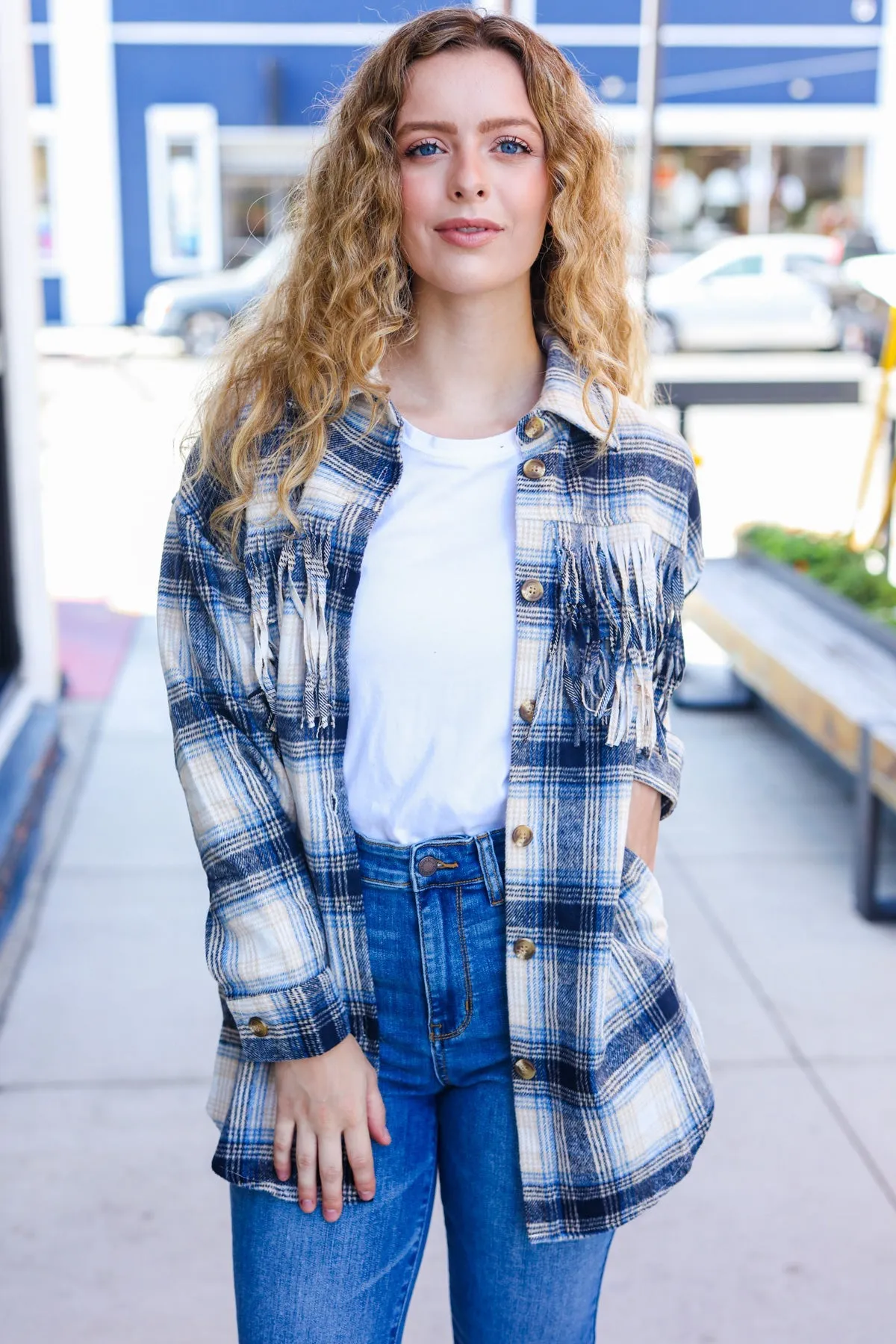 Explore More Collection - Boldly You Navy Plaid Fringe Button Down Shacket