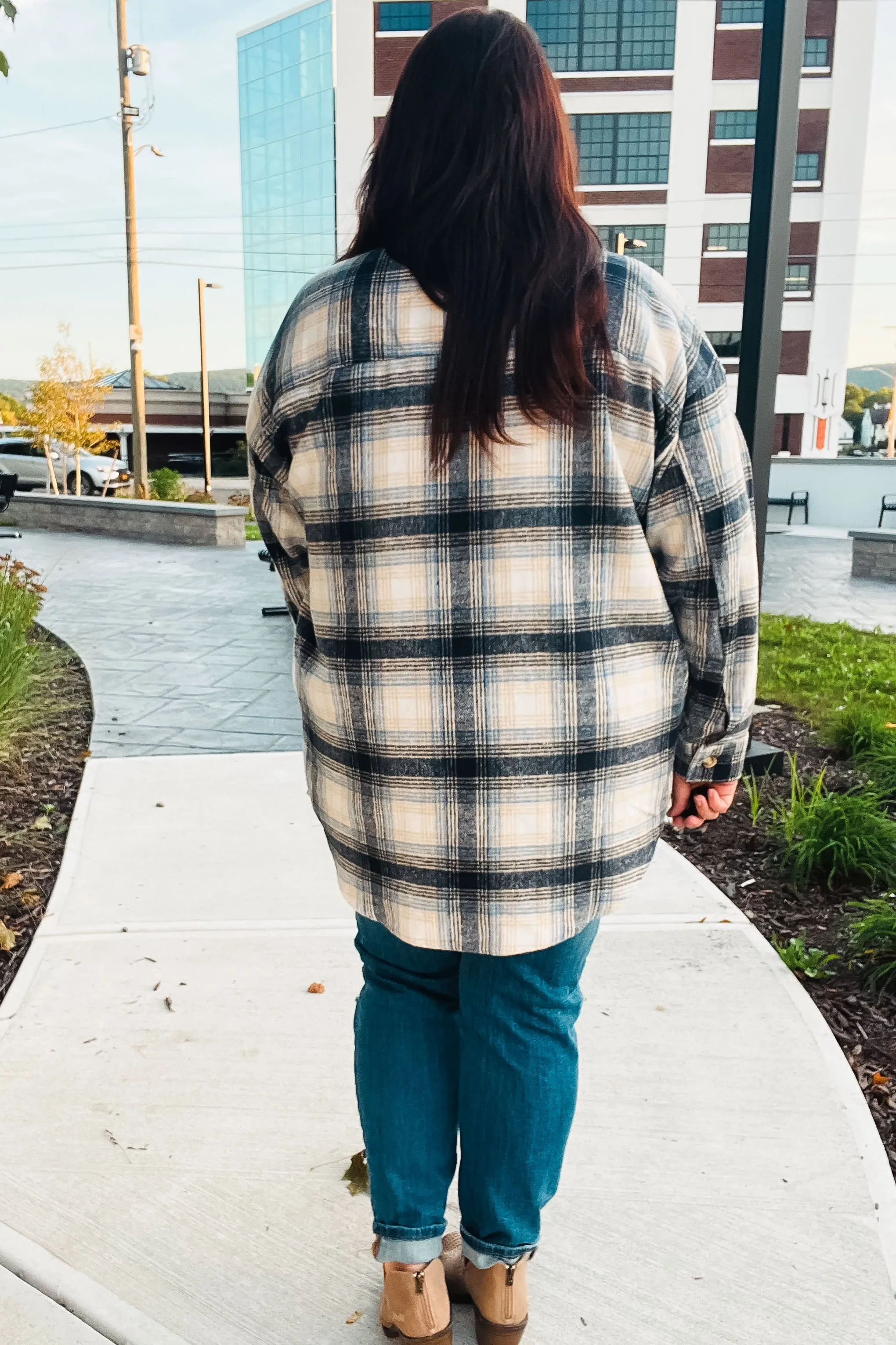 Explore More Collection - Boldly You Navy Plaid Fringe Button Down Shacket