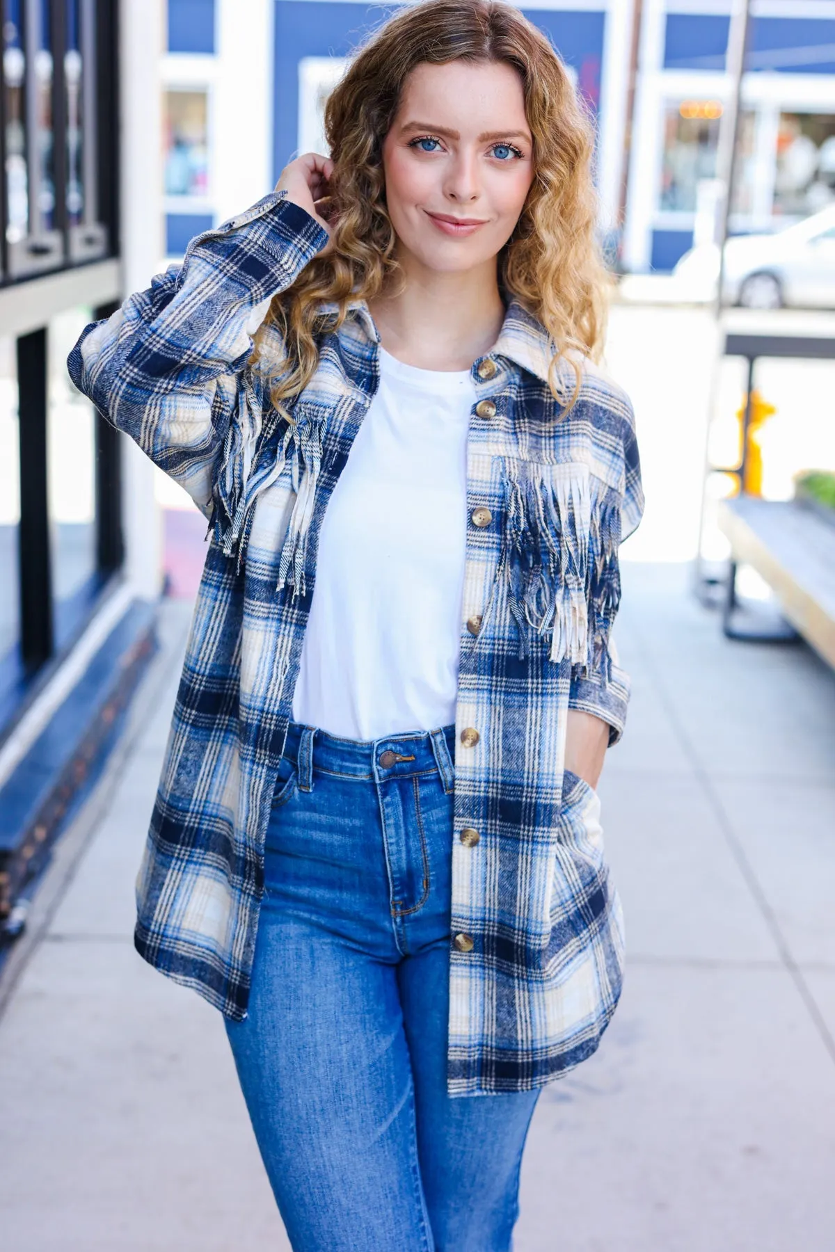 Explore More Collection - Boldly You Navy Plaid Fringe Button Down Shacket