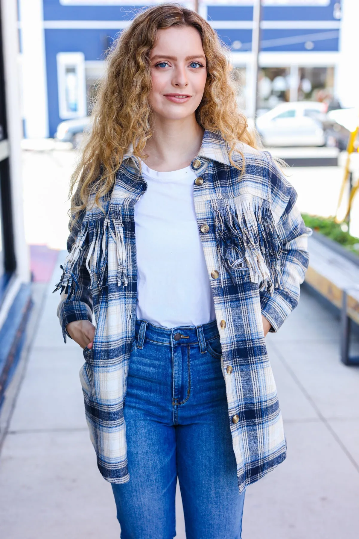 Explore More Collection - Boldly You Navy Plaid Fringe Button Down Shacket