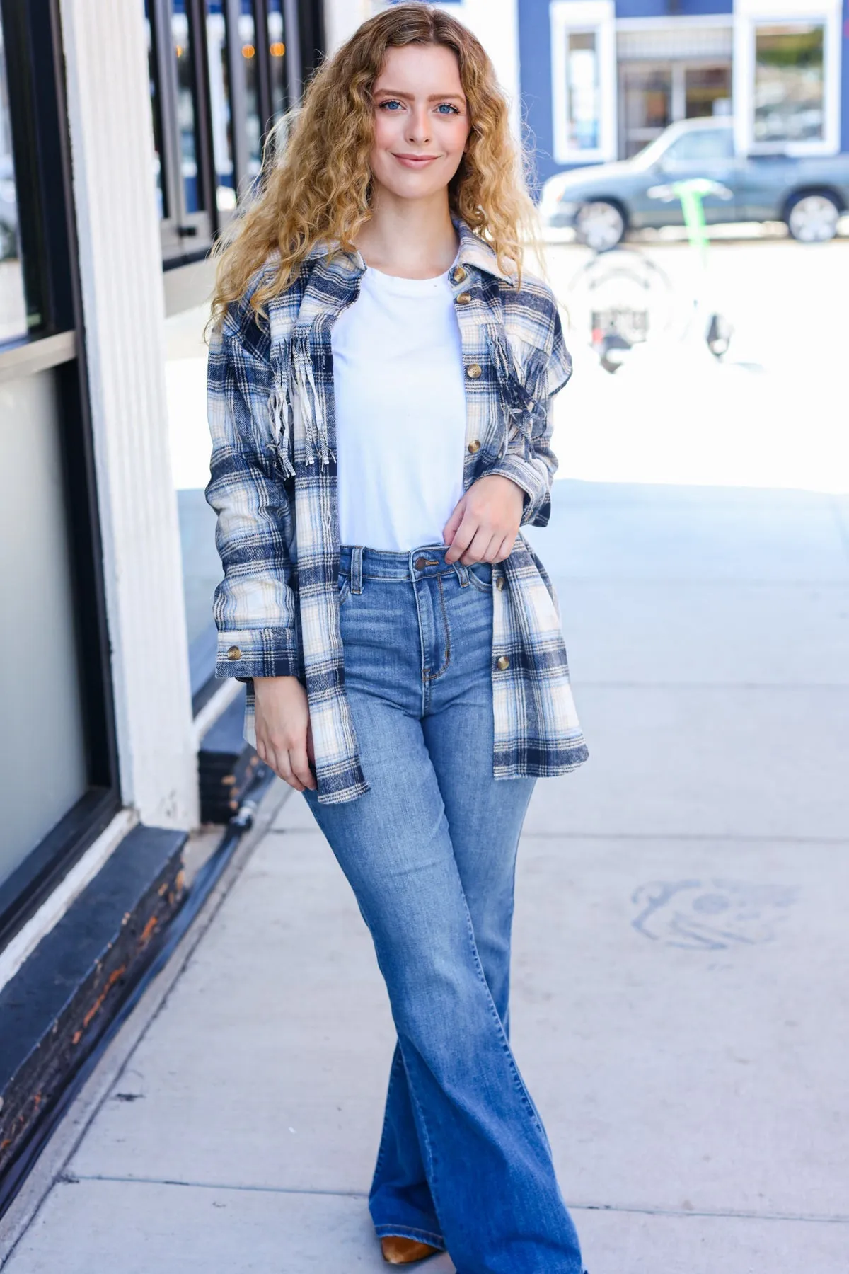 Explore More Collection - Boldly You Navy Plaid Fringe Button Down Shacket