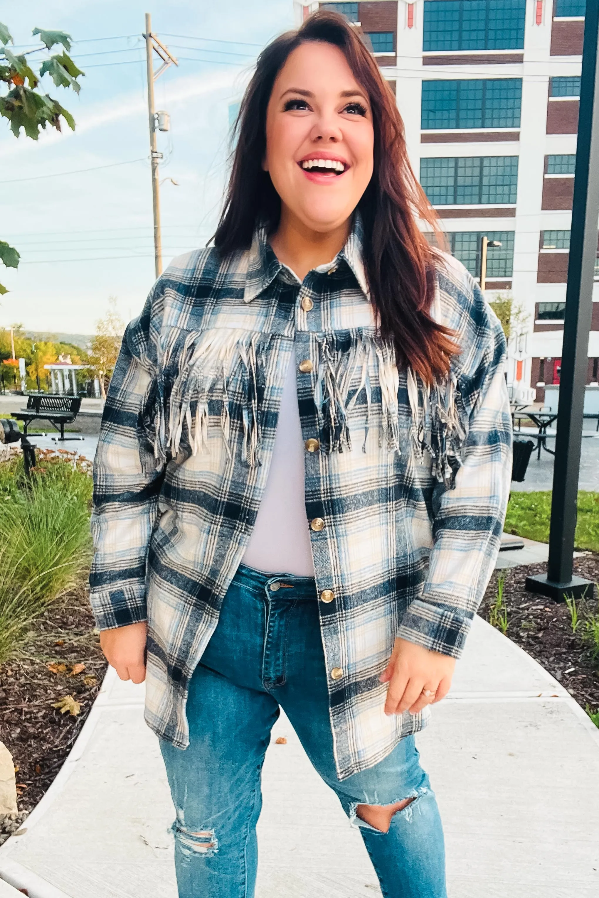 Explore More Collection - Boldly You Navy Plaid Fringe Button Down Shacket