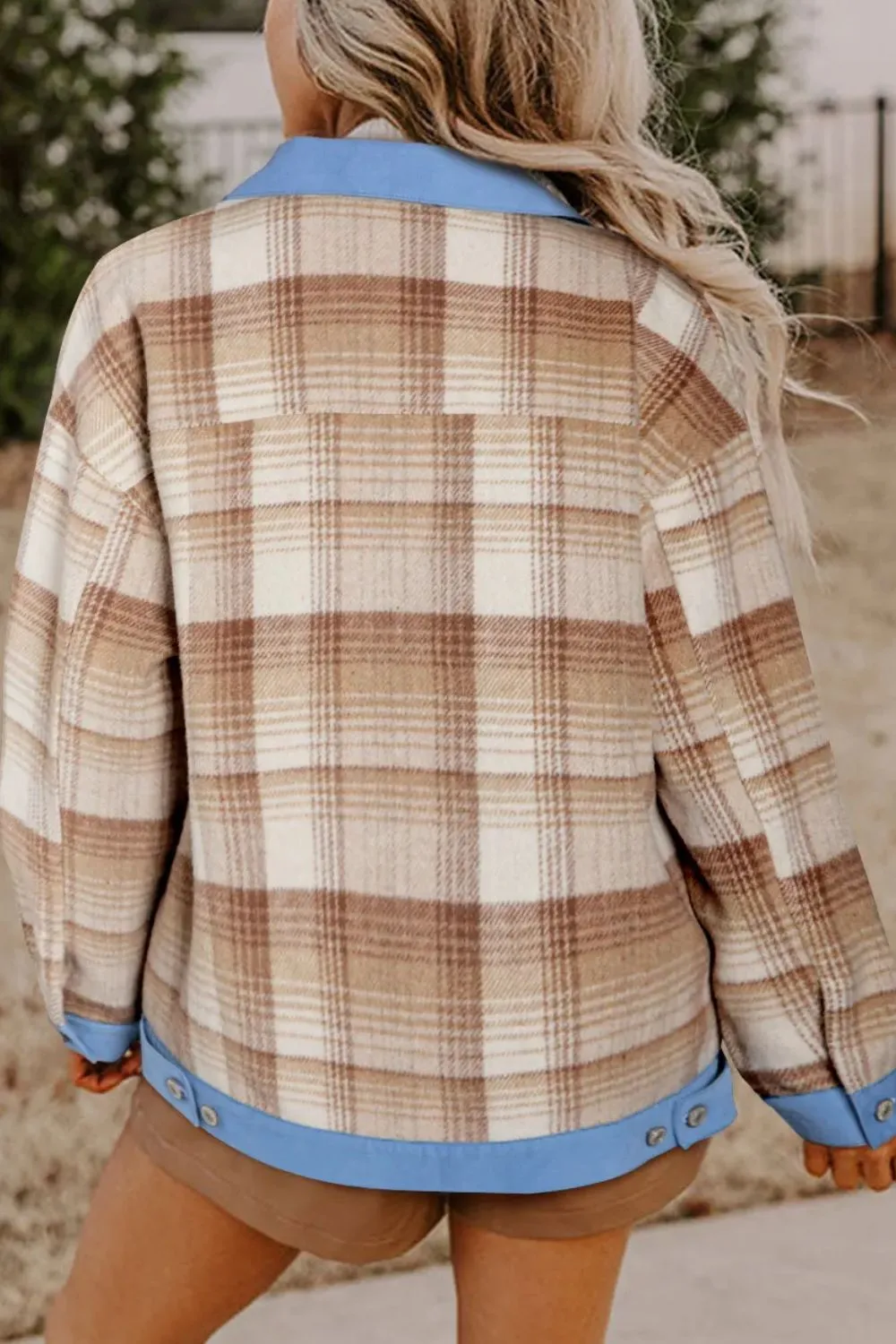 Explore More Collection - Contrast Trim Plaid Collared Neck Shacket
