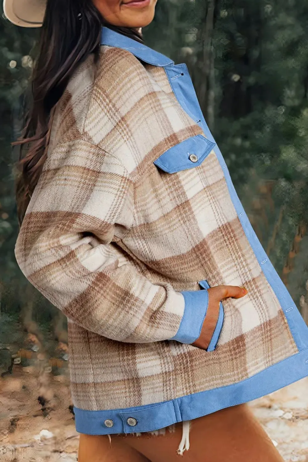 Explore More Collection - Contrast Trim Plaid Collared Neck Shacket