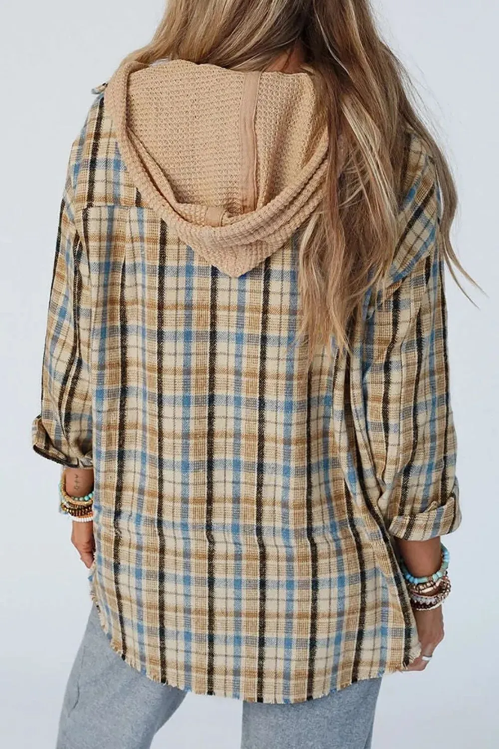 Explore More Collection - Drawstring Plaid Button Up Hooded Shacket