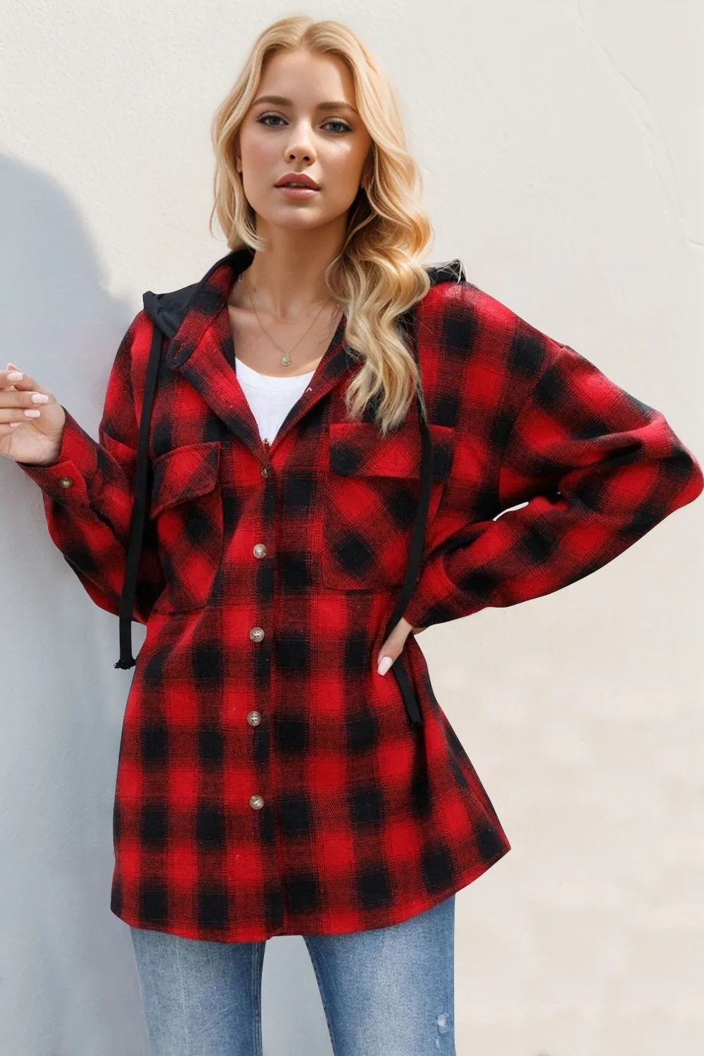 Explore More Collection - Drawstring Plaid Long Sleeve Hooded Shacket