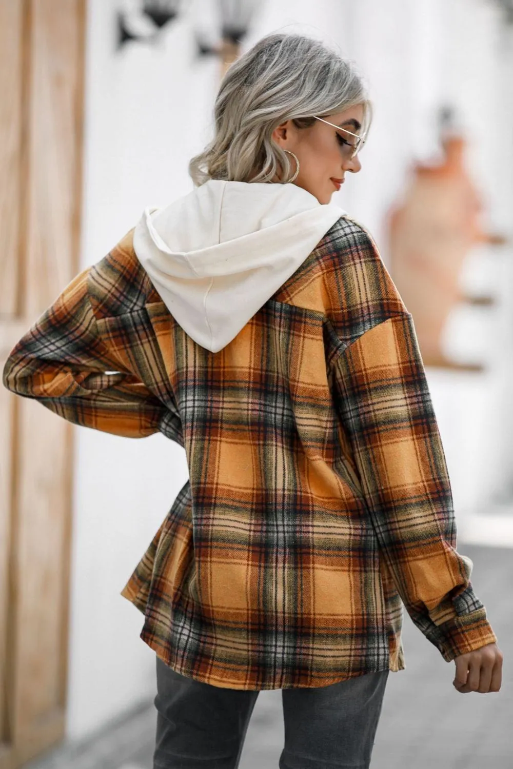 Explore More Collection - Drawstring Plaid Long Sleeve Hooded Shacket