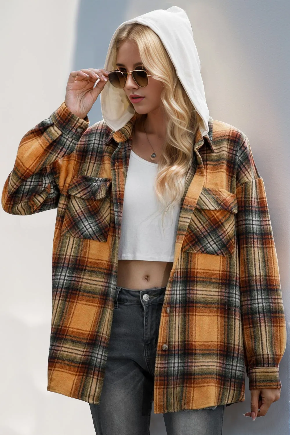 Explore More Collection - Drawstring Plaid Long Sleeve Hooded Shacket