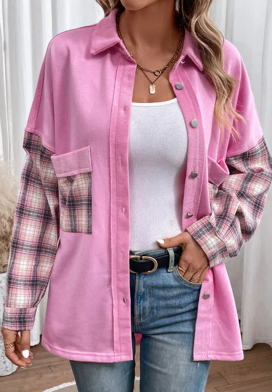 Explore More Collection - Plaid Button Up Shacket with Chest Pockets