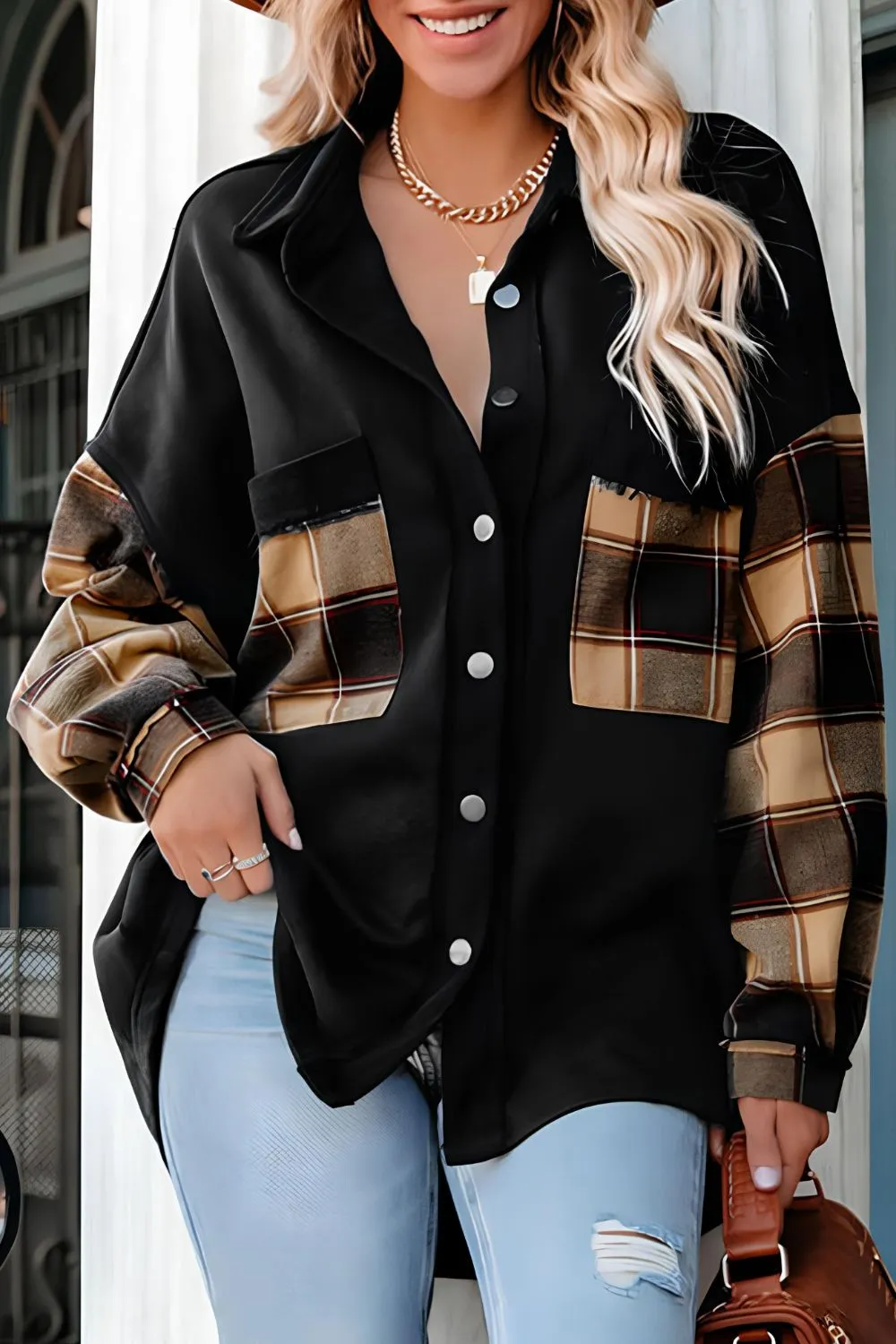 Explore More Collection - Plaid Button Up Shacket with Chest Pockets