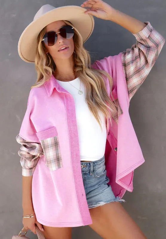Explore More Collection - Plaid Button Up Shacket with Chest Pockets