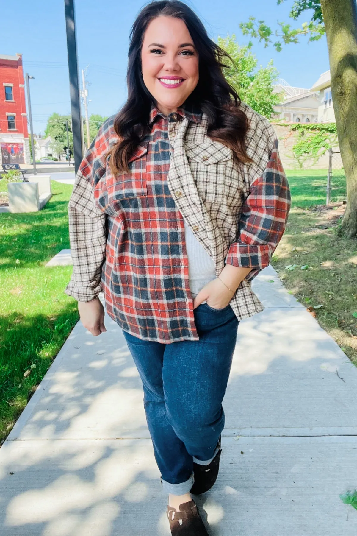 Explore More Collection - Rust & Taupe Plaid Color Block Shacket
