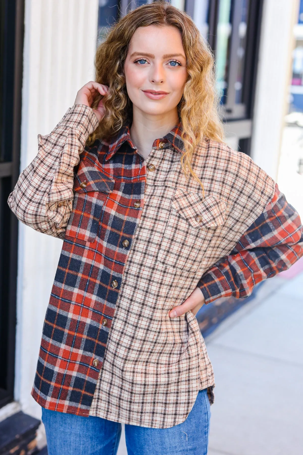 Explore More Collection - Rust & Taupe Plaid Color Block Shacket