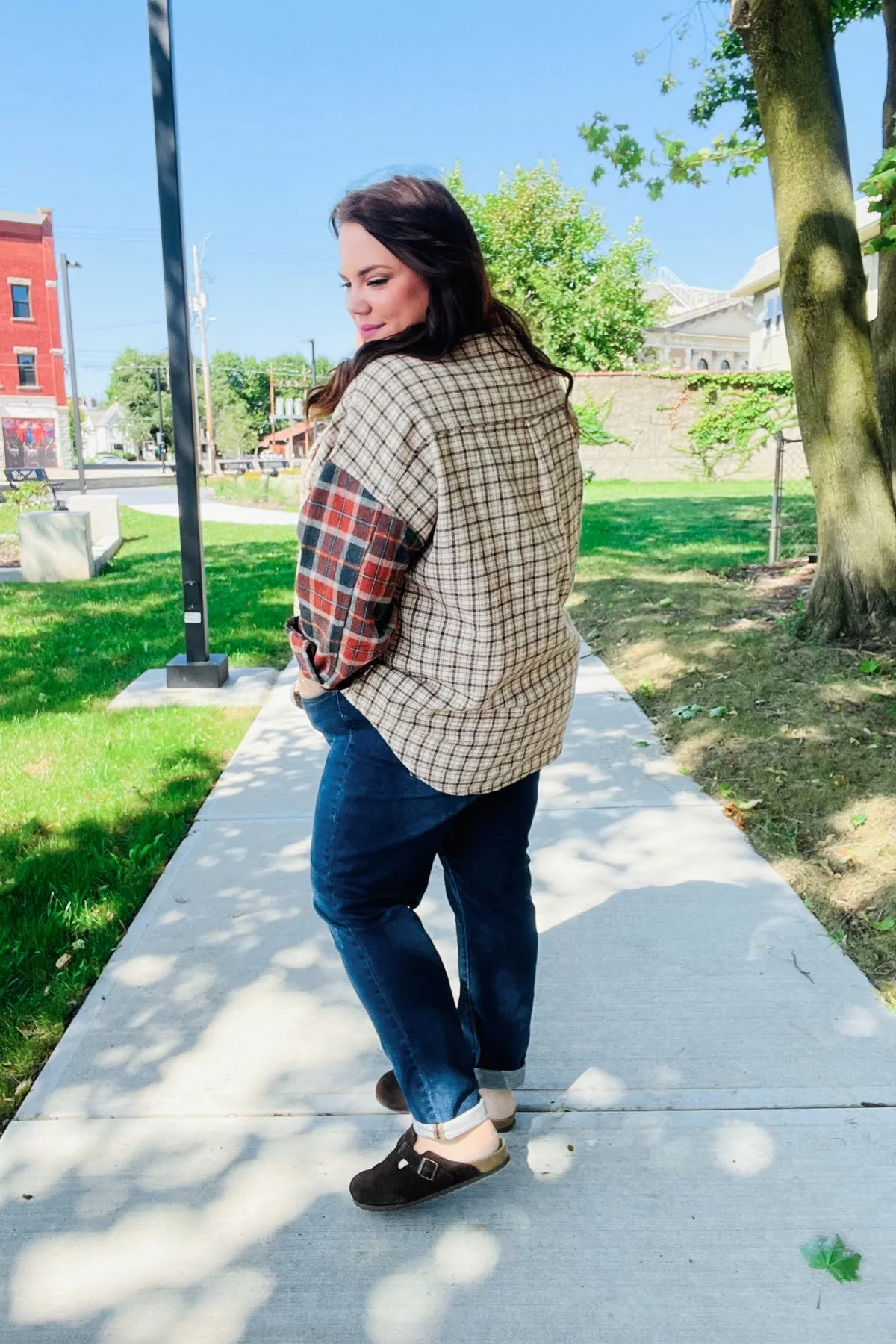 Explore More Collection - Rust & Taupe Plaid Color Block Shacket