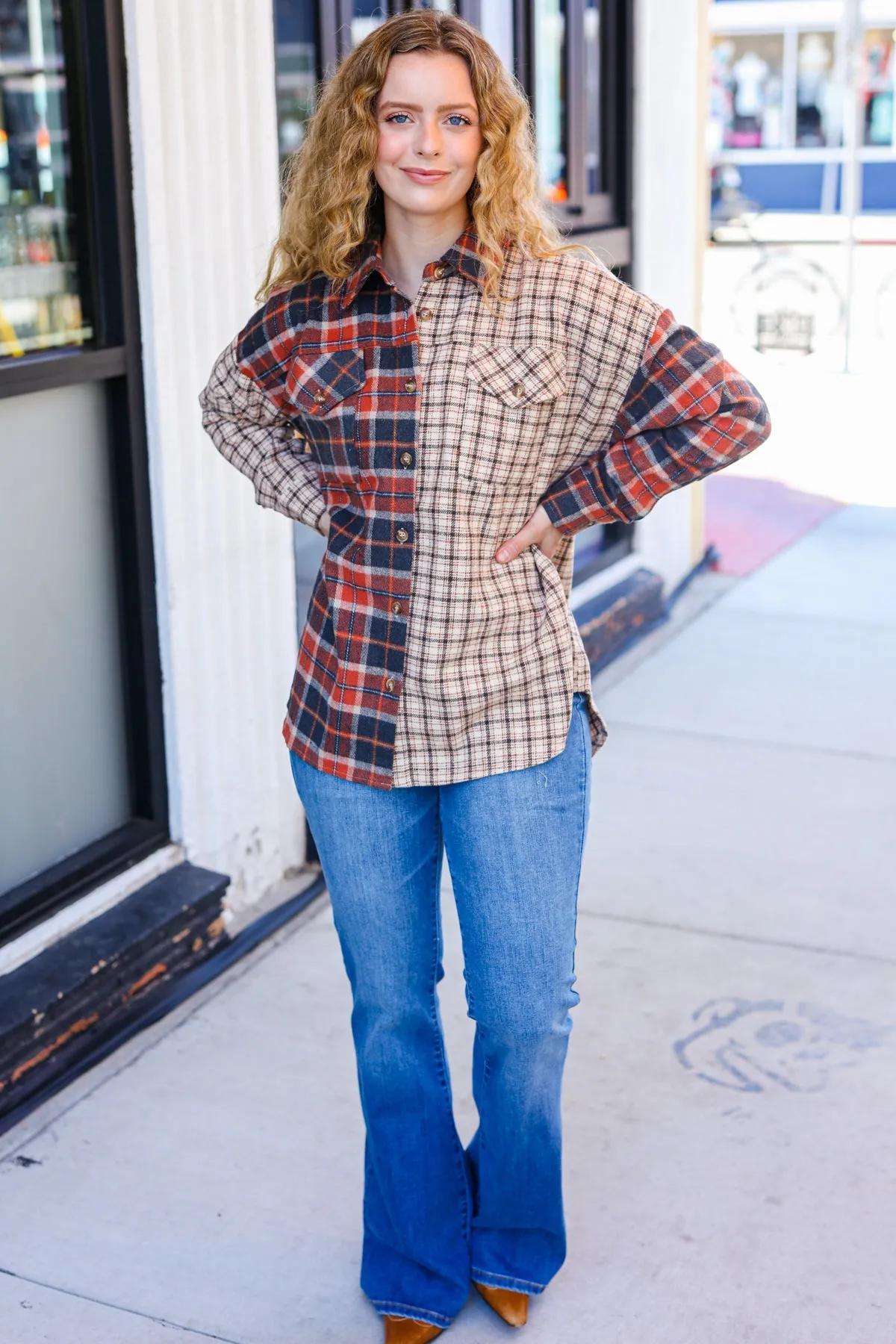 Explore More Collection - Rust & Taupe Plaid Color Block Shacket