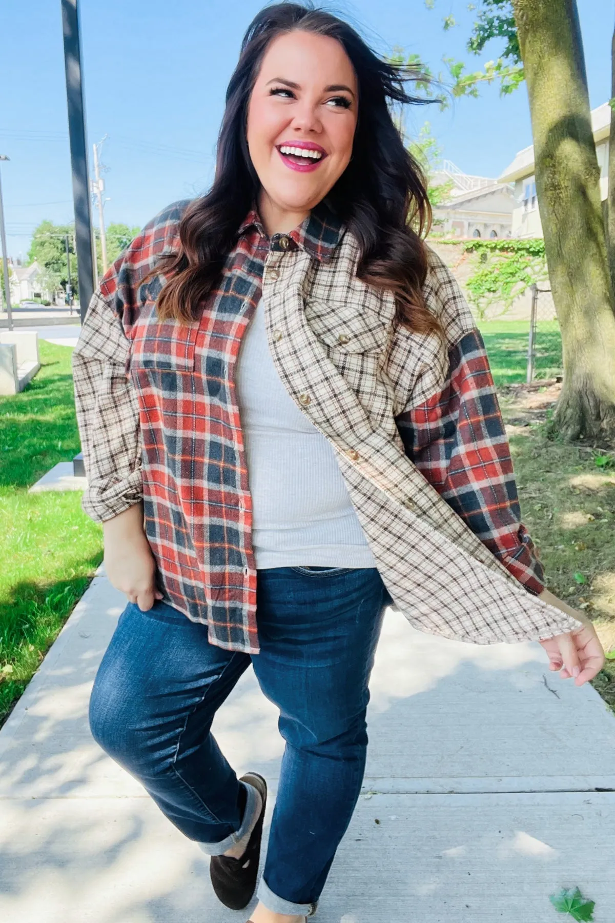 Explore More Collection - Rust & Taupe Plaid Color Block Shacket