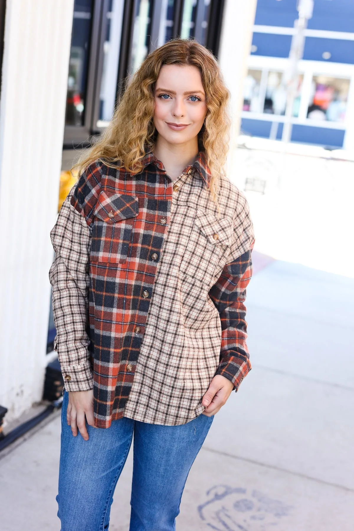 Explore More Collection - Rust & Taupe Plaid Color Block Shacket