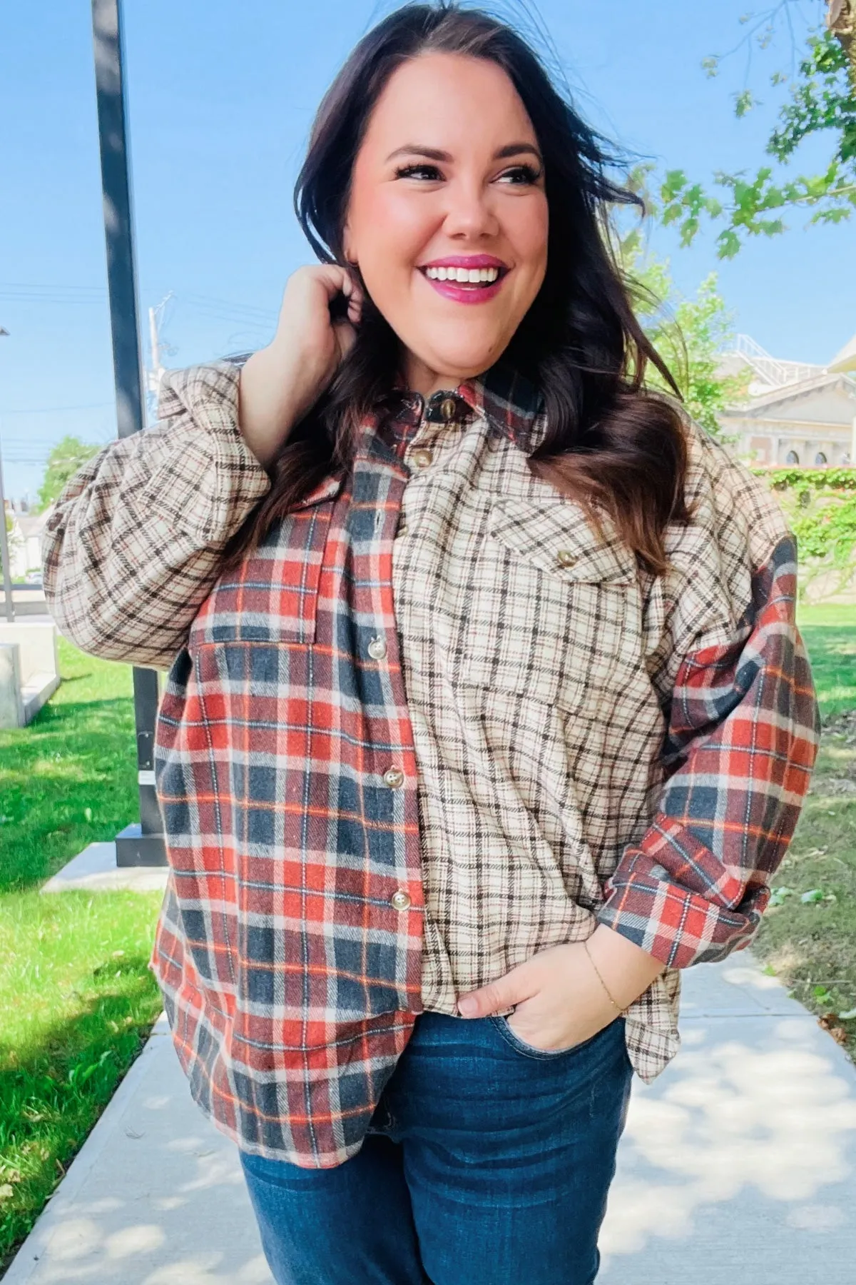 Explore More Collection - Rust & Taupe Plaid Color Block Shacket