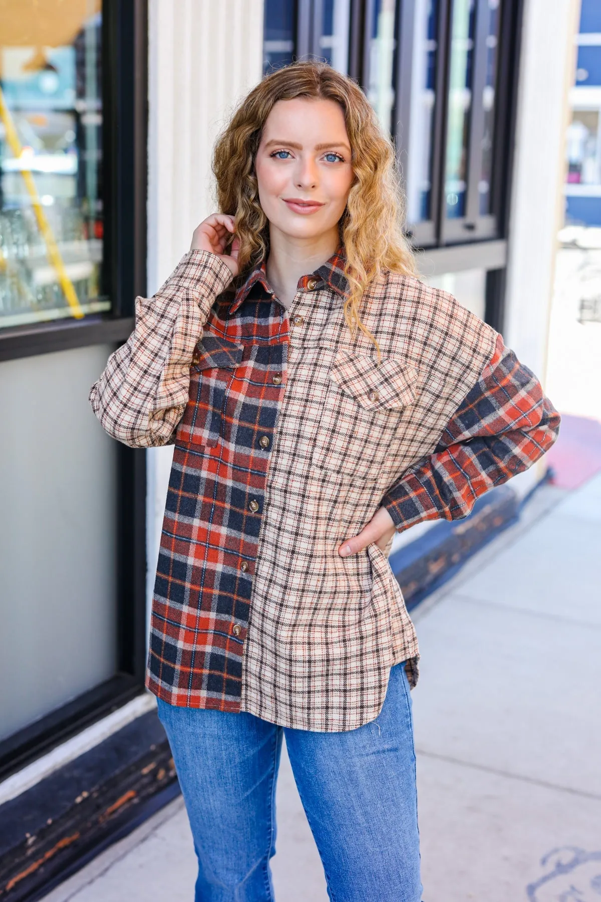 Explore More Collection - Rust & Taupe Plaid Color Block Shacket
