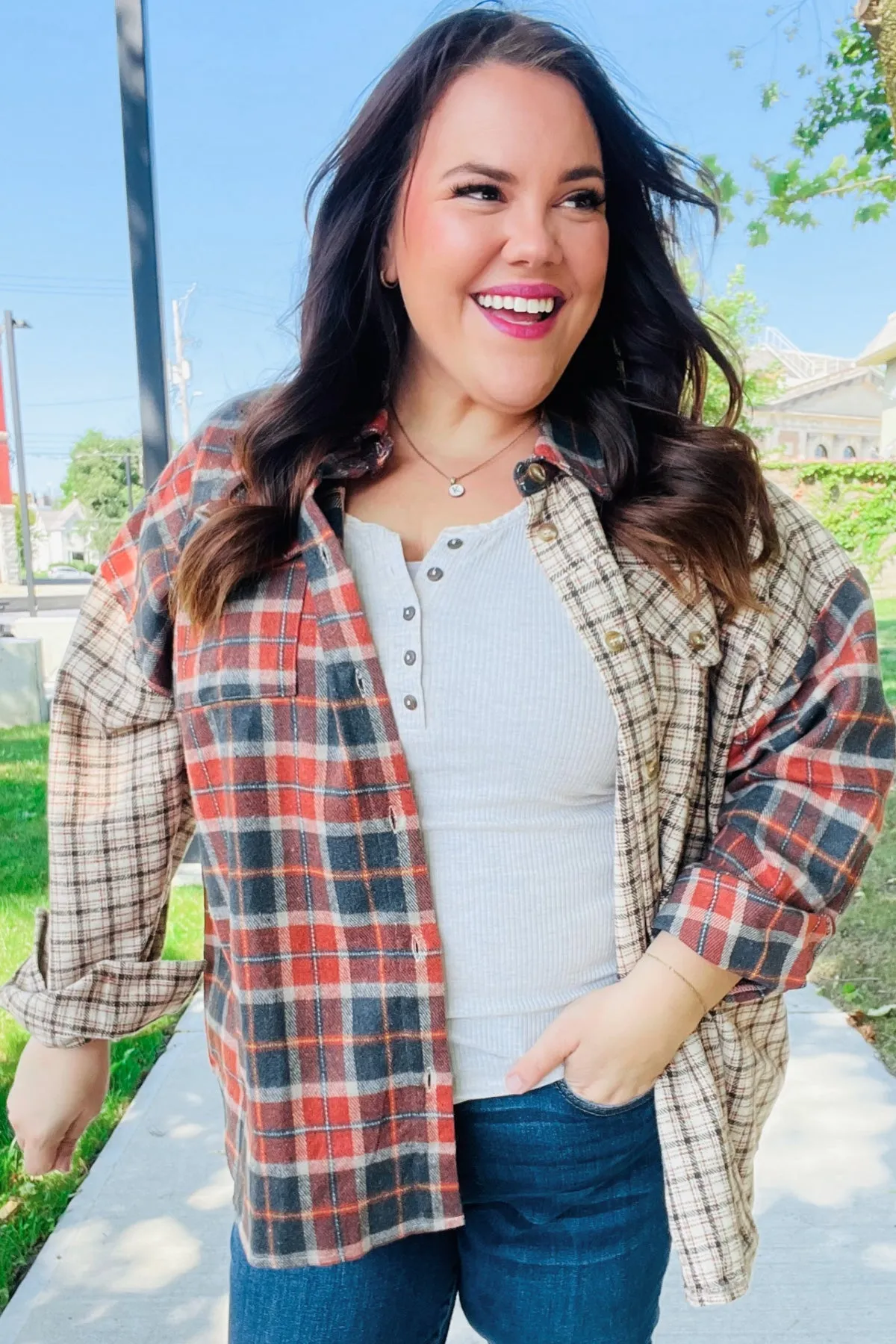 Explore More Collection - Rust & Taupe Plaid Color Block Shacket