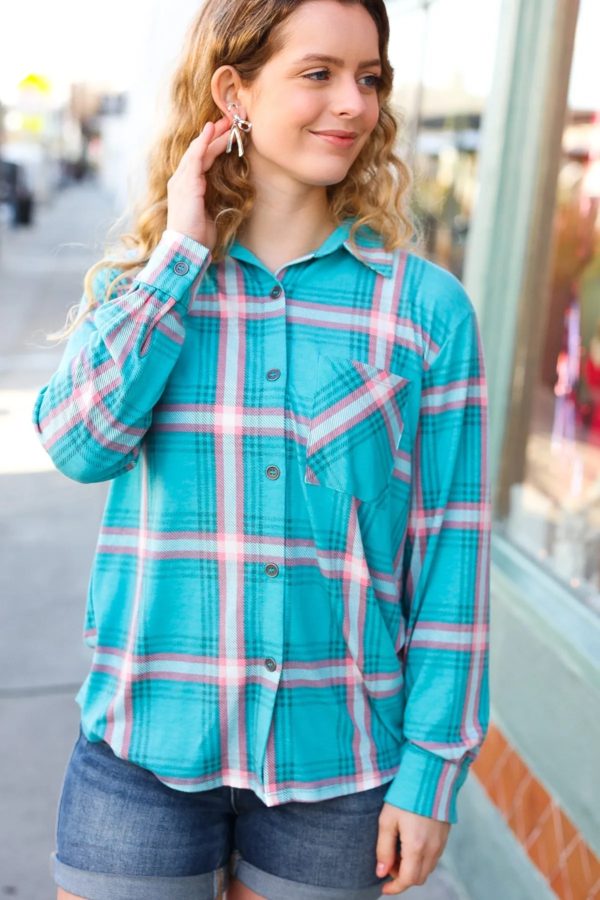 Explore More Collection - Teal & Pink Plaid Front Pocket Button Down Shacket